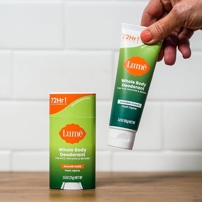 Lume Whole Body Deodorant - Invisible Cream Tube and Solid Stick - 72 Hour Odor Control - Aluminum Free, Baking Soda Free, Skin Loving - 3.0 Ounce Tube and 2.6 Ounce Solid Stick Bundle (Fresh Alpine)