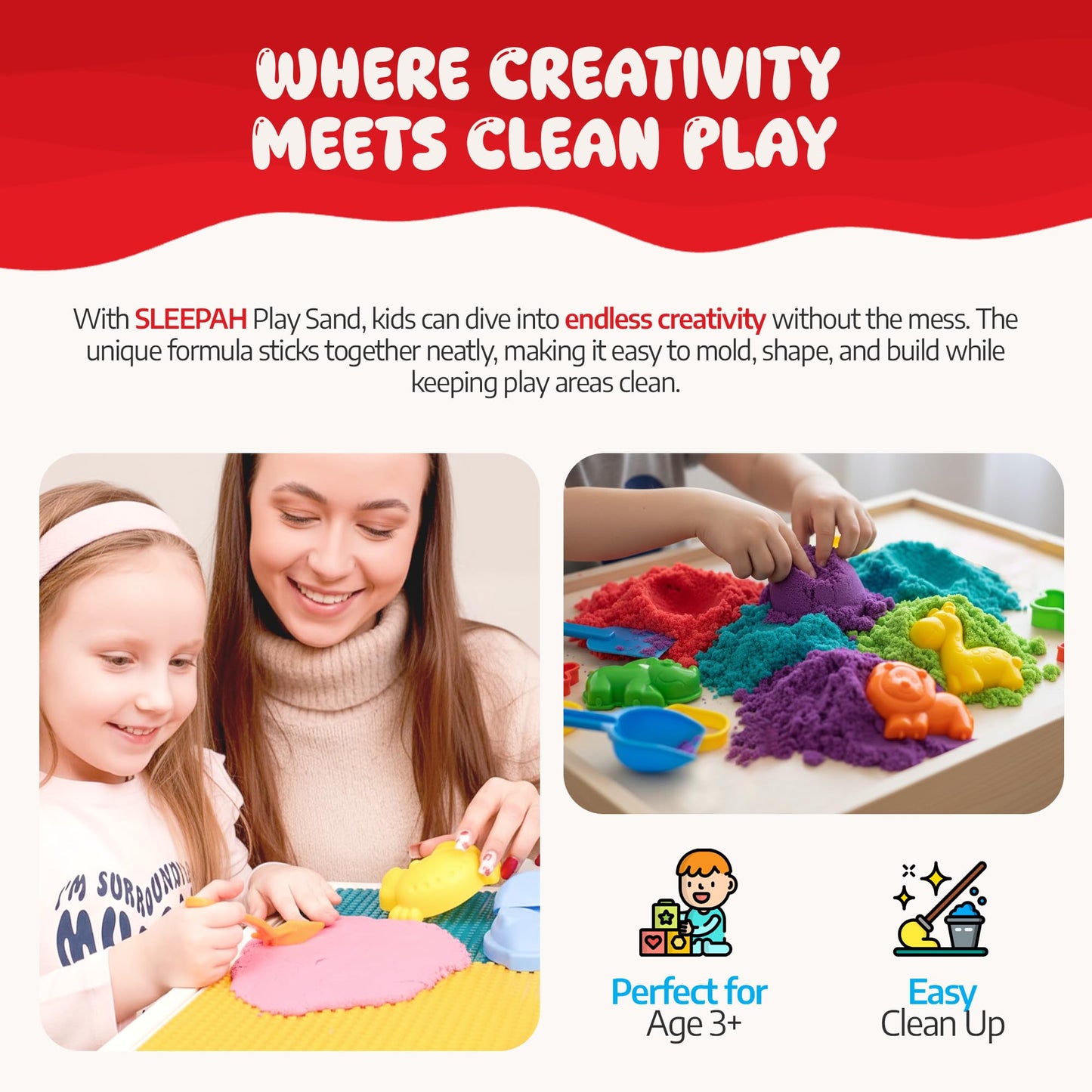 Sleepah Play Sand Sensory Sand Set for Boys & Girls Age 3 4 5 6 7 8 No Mess Never Dries Out Toy Perfect for Shaping Squeezing Scooping Rolling Molding – 31p Set 5 Colors Large Arts & Crafts Set Gift