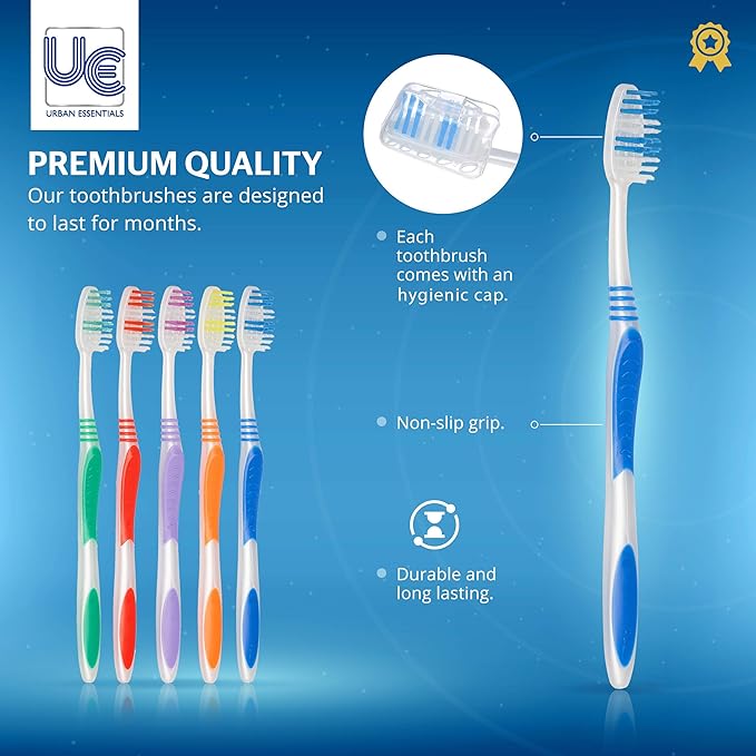 Urban Essentials Bulk Toothbrush Package with Covers | Premium Quality Individually Wrapped Colorful Tooth Brushes | Medium Soft Toothbrush Hygienic Cap for Donations, Travel, Hotels (100 Pack)