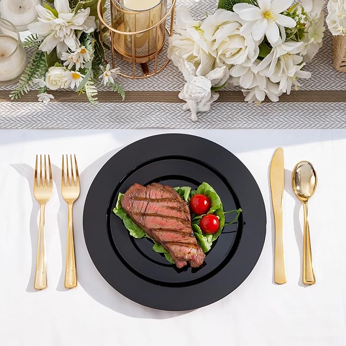 100Pcs Black Plastic Dessert Plates, Disposable Salad Plate, Premium Hard Fancy Small Plates, Heavy Duty Plastic Cakes Plates for Party, Wedding and Birthday