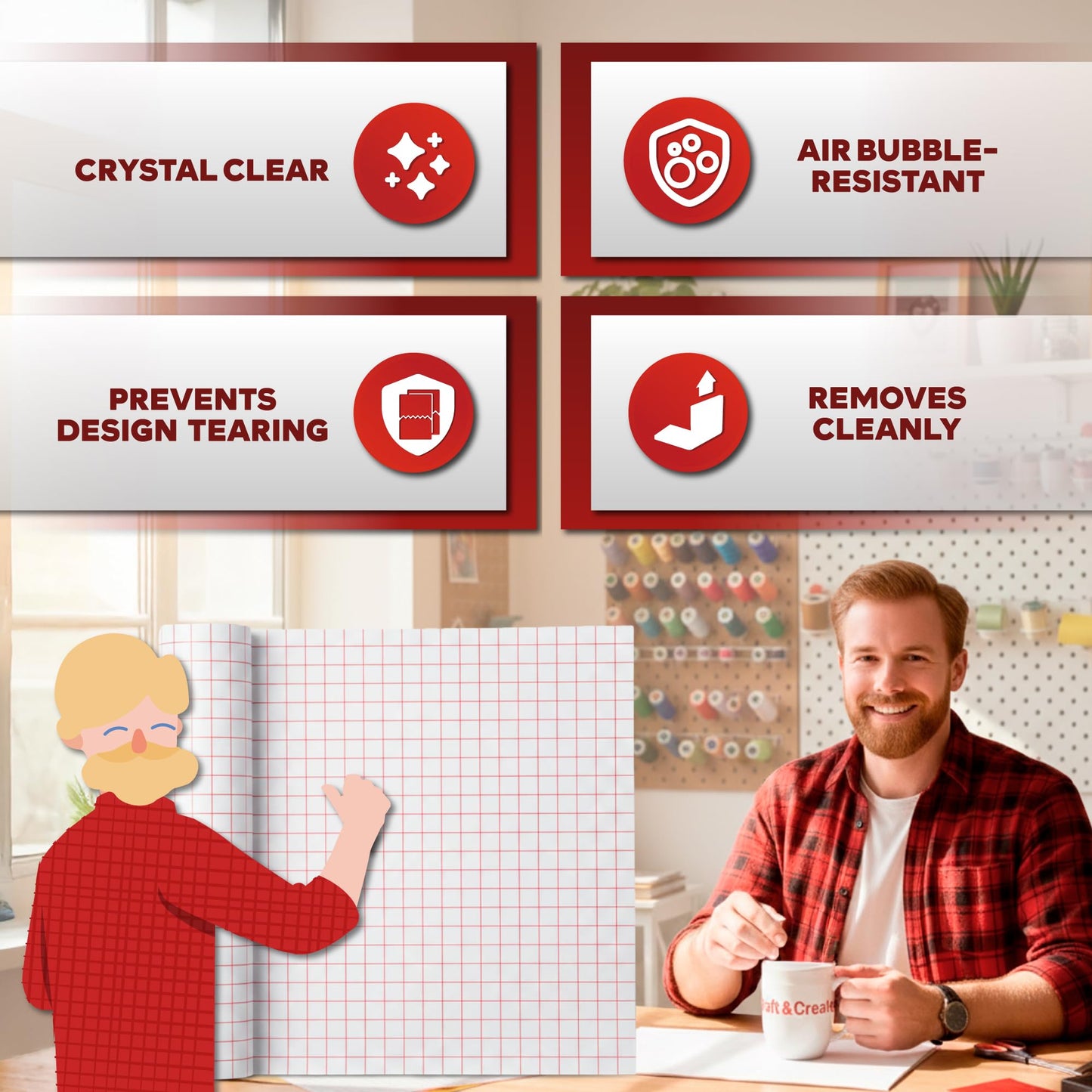 XFasten Clear Transfer Tape for Vinyl, 12" x 100' Transparent Medium-Tack Vinyl Transfer Sheet Roll, w/Red Alignment Grid – Ideal for Self-Adhesive Vinyl Sheet Signs and Sticker Decals | Easy to Weed