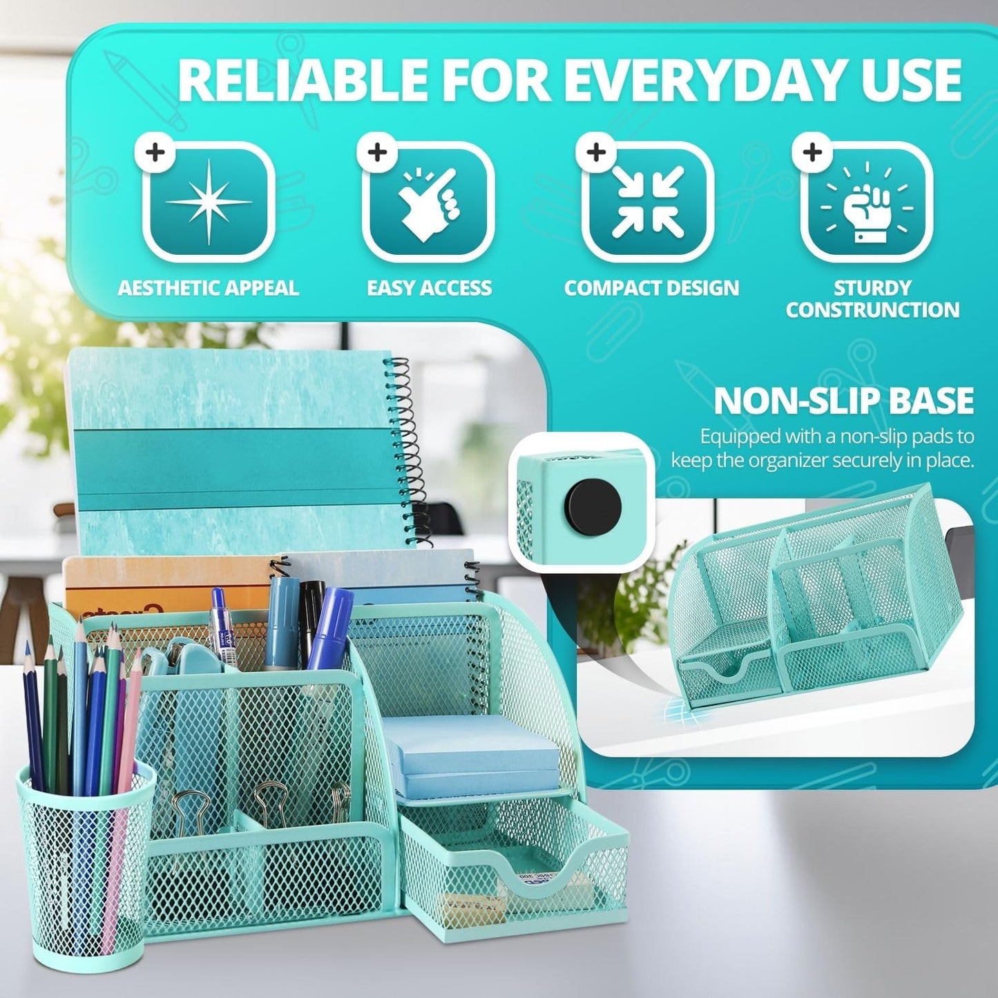Flexzion Desk Caddy Organizer Set (Green) - Metal Mesh Desktop Caddy with Drawers, 6 Compartments, and Pencil Holder for Women & Men - Desktop Organizer and Storage for Work or Office Supplies