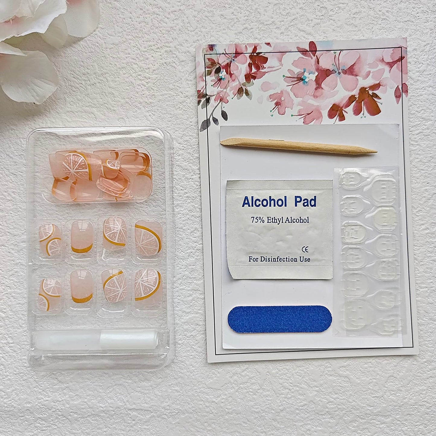 Rilafuvu French Press Nails - 24Pcs Yellow Nude Acrylic Fruits Lemon Designs with Glossy Stick-on Short Artificial Nails