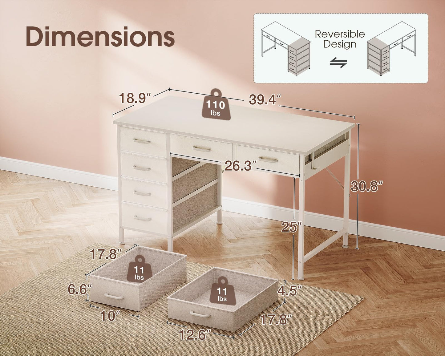Casaottima 40 Inch Small Computer Desk with 6 Drawers, Reversible Storage Desk for Home Office, Work Study Table for Bedroom, White