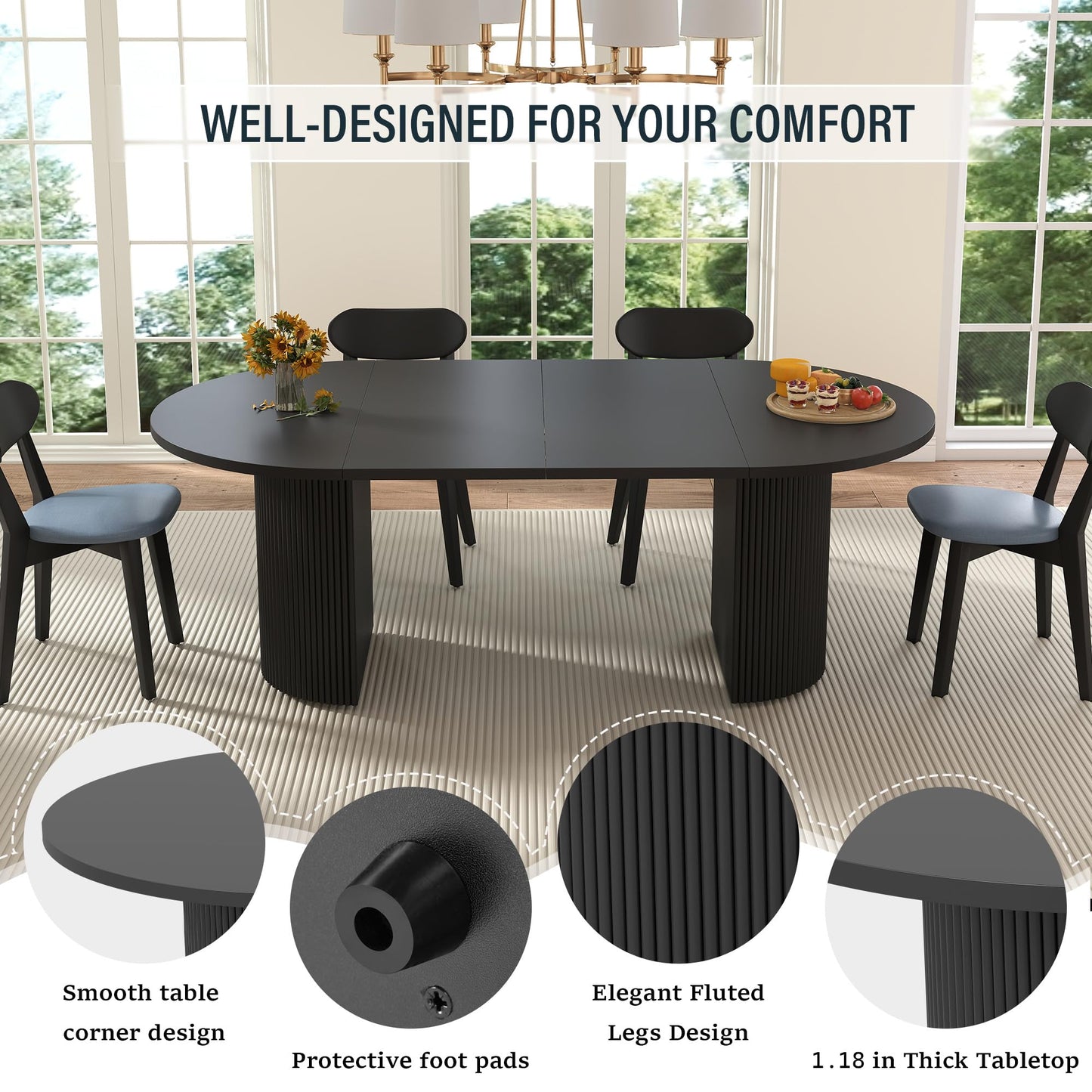 41 in-78 in Extendable Dining Room Table for 4-8, Round Expandable Kitchen Table with Fluted Base, Modern Oval Dinner Tables for Dining Room Kitchen Living Room (Black)