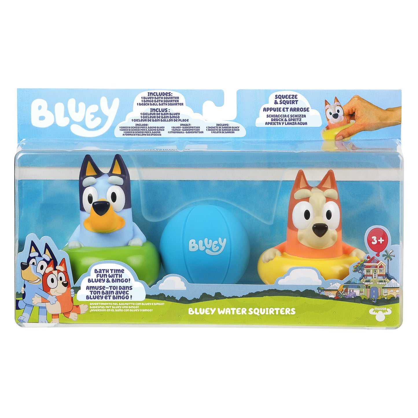 Bluey Bath Squirter Toys Pack of 3, Lightweight Floating Water Toy Set with Bingo and Beach Ball, Squeezable Bath Toys for Toddlers and Kids, Ages 3+