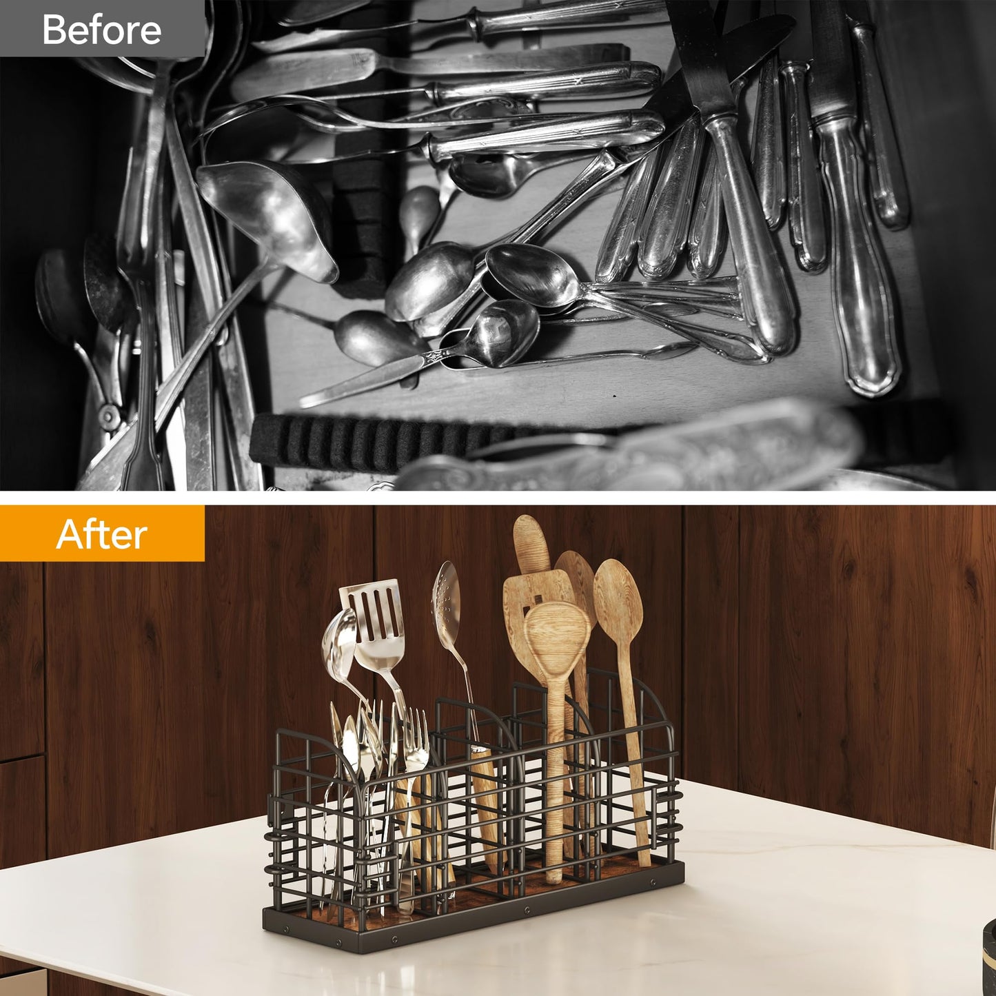 Large Utensil Holder for Kitchen Counter, Wall Mounted Cooking Utensil Holder with 4 Adjustable Compartments, Countertop Caddy, Kitchen Organizer for Countertop, Pantry, Party, Rustic Black and Brown
