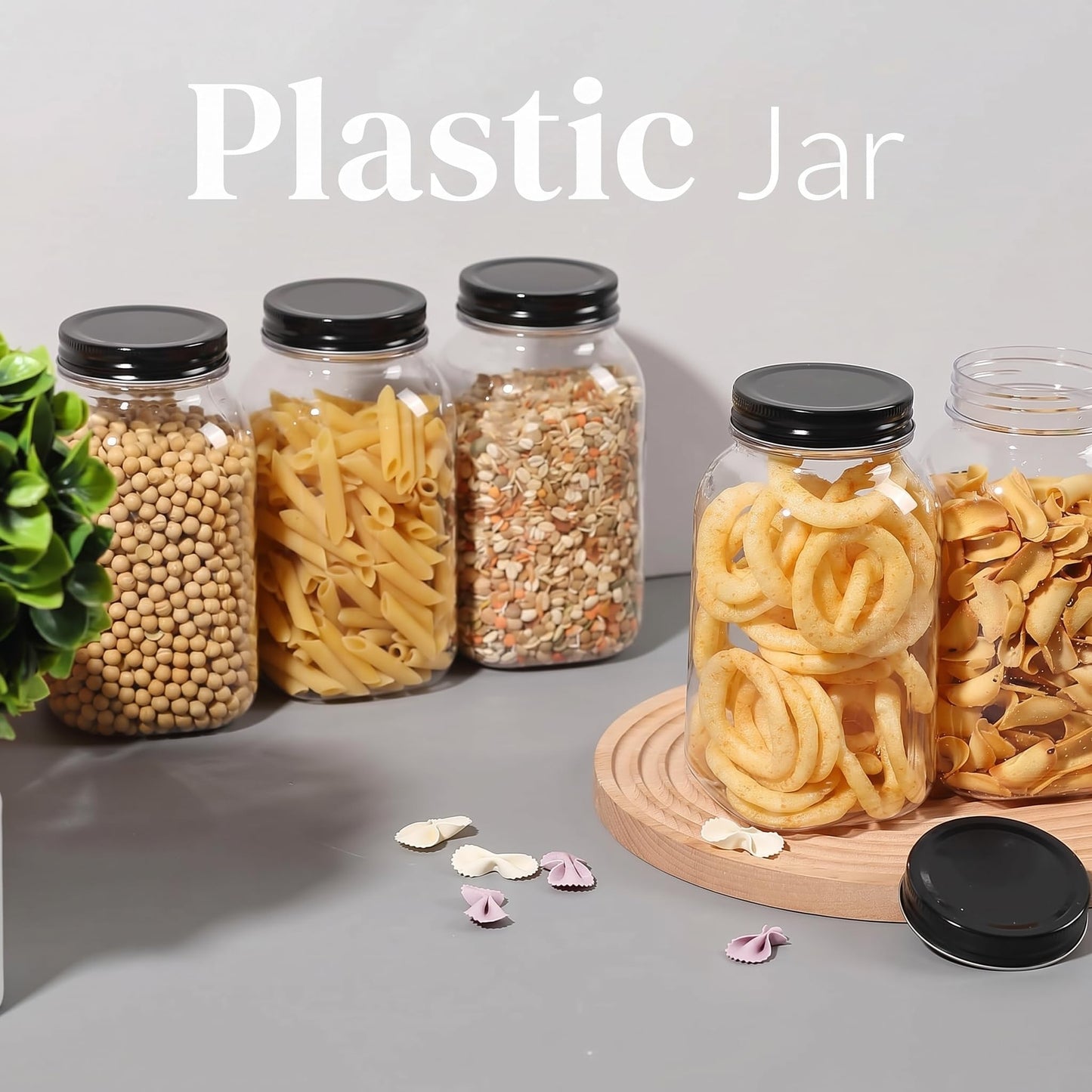 novelinks 32 oz Clear Plastic Jars with Lids, 6 Pack Large Plastic Mason Jars with Lids 32oz, Reusable Quart Containers for Kitchen Organization (6 Pack,Black)