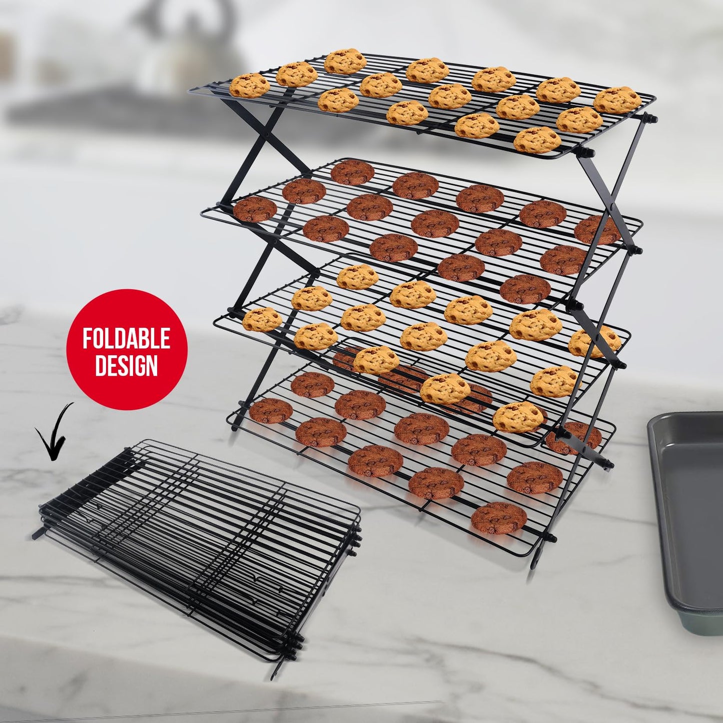 4-Tier Collapsible Cooling Rack For Baking - Expandable & Foldable Cookie Cooling Wire Rack - Baking Rack - Foldable Cooling Rack For Baking Supplies - Premium Quality & Sturdy Legs