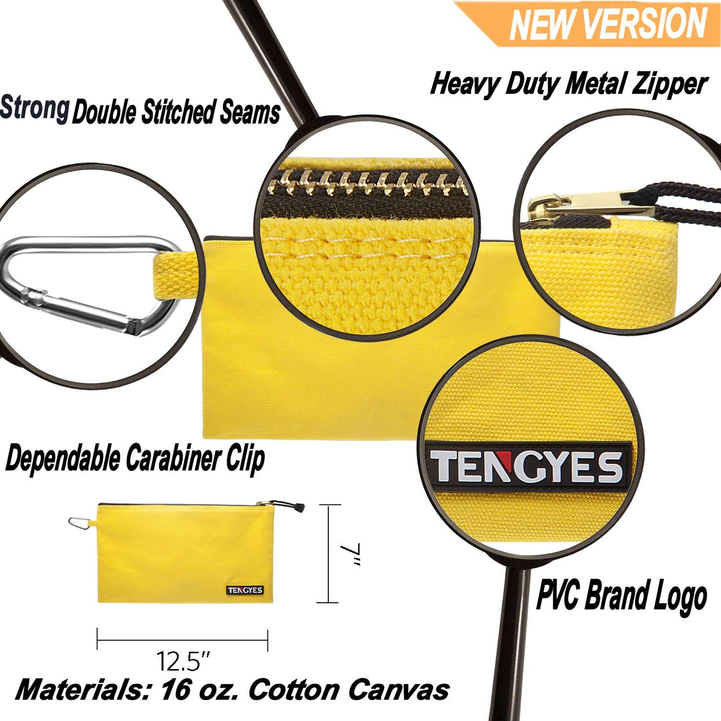 TENGYES Canvas Tool Pouch Zipper Bag - 5 Pack Utility Bags Heavy Duty Metal Zippers Pouches with Carabiner, Multi Storage Organizer Clip on Tote Bags