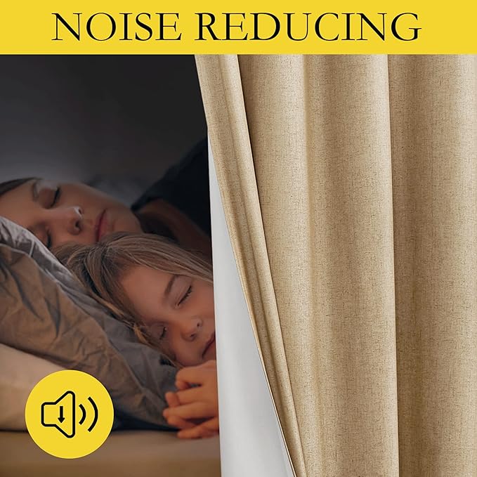 NICETOWN 100% Absolutely Blackout Linen Curtains with Thermal Insulated White Liner, Camel, W34 x L70, 2 Panels, Long Curtains 70 inch Length for Patio Door, Doorway, Office, Overnight Shiftworker