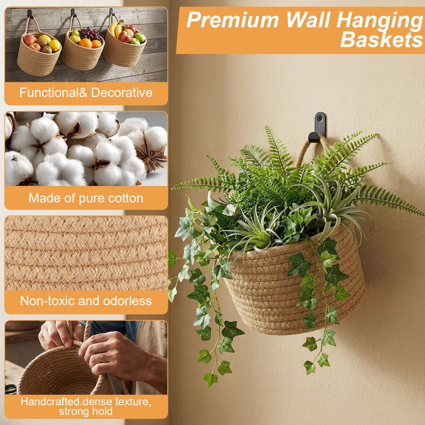 kenaeooe 6 PCS Wall Hanging Basket Set Handwoven Cotton Rope Hanging Fruit Basket Organizer with Hooks Boho Decorative Storage Bins for Home Kitchen Office Door Wall