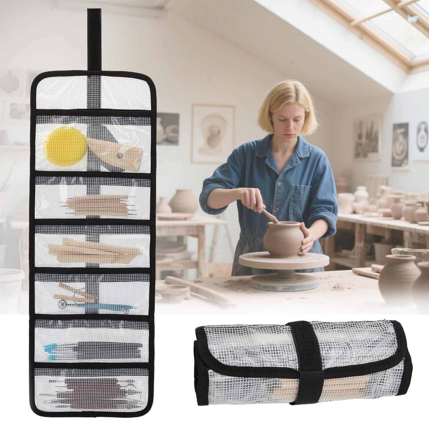 Small Roll Up Storage Bag, 6 Pockets Roll Up Tool Kit, Suitable for Mechanics, Kitchen Storage, Art Sketching, Travelling, Potter's Tools, Office Objects, Transparent and Visible, Space-Saving 4 Pack