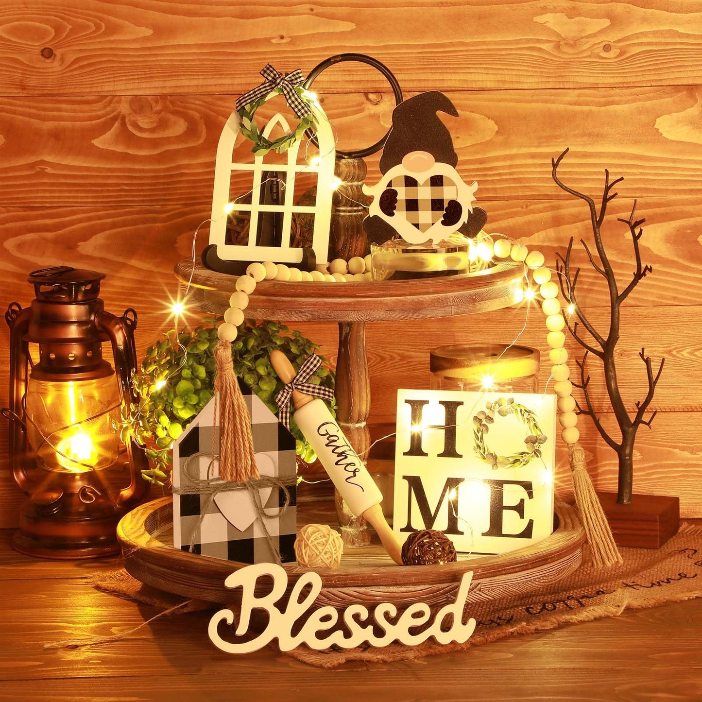 Yalikop 10 Pcs Farmhouse Decor for Tiered Tray, Black White Buffalo Plaid Gnome Wooden Mini Sign Rustic Table Ornaments for Kitchen Table Decor, Housewarming Gift (Cute Style)