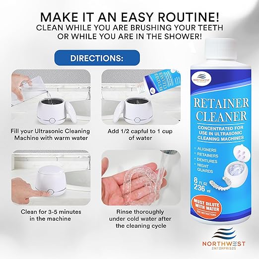 NORTHWEST ENTERPRISES Ultrasonic Retainer Cleaner Solution Concentrate for Ultrasonic Machines - Cleans Mouthguards, Invisalign & Nightguards - Odor, Stain & Discoloration Remover (8 oz)