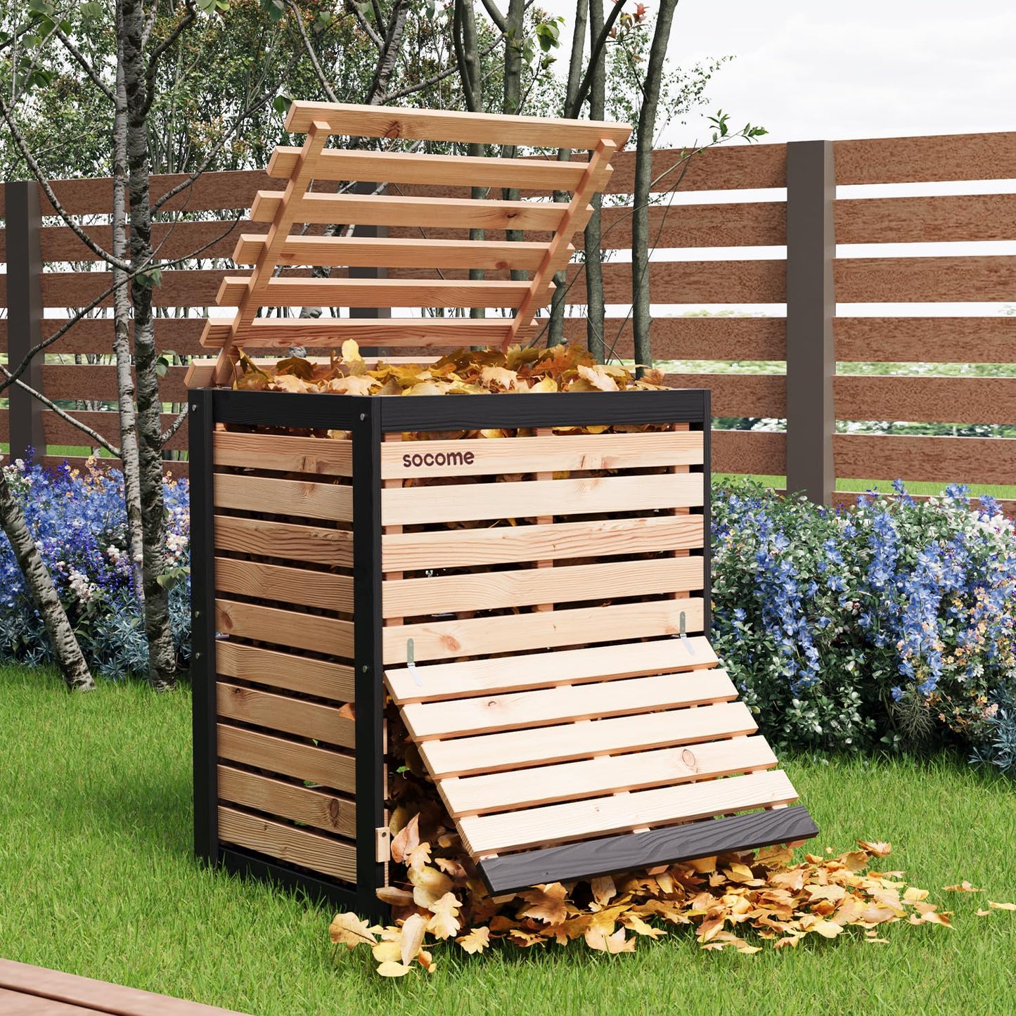SOCOME 95 Gallon Solid Wood Composter, Outdoor Compost Bin with Pull-Out Door, Large Composting Bin for Backyard, Garden, Patio, Natural