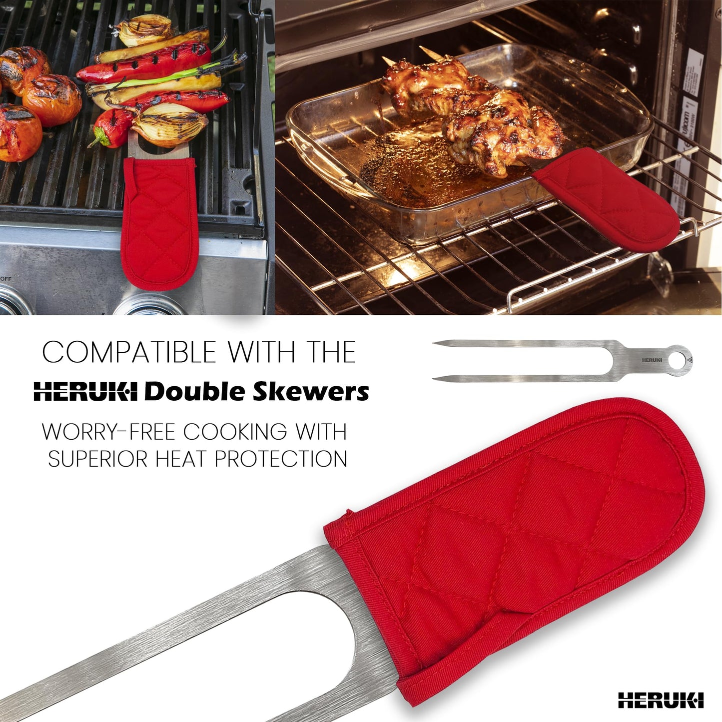 HERUKI Double Skewers Plus 2 Heat-Resistant Cast-Iron Handle Sleeves and 2 Potholders Bundle Premium Grill Kitchen Accessories for Kabob, Shawarma, Meat Fish Chicken BBQ Gift Set