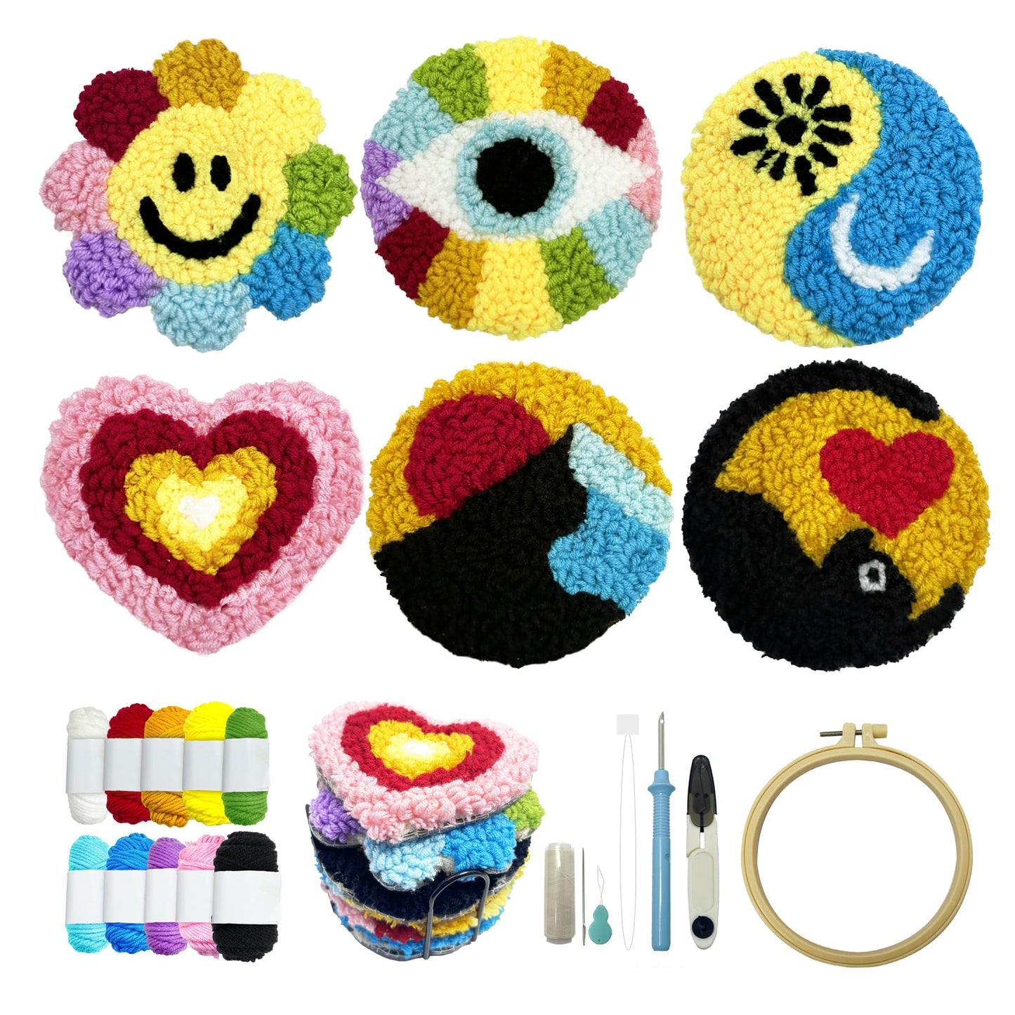 SEREDH Punch Needle Coasters Kit for Beginners Adults Easy Needle Punch Embroidery Kit Set Threader Instruction Fabric Hoop Yarn Tufting Coaster DIY Making,Coaster Holder Coaster Art Craft Supplies
