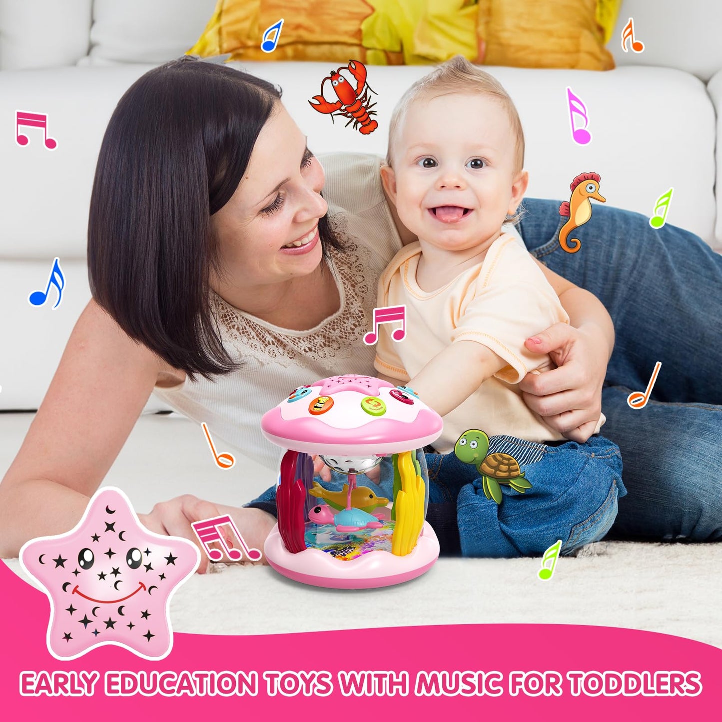 Letapapa Baby Toys 6 to 12 Months, 4 in 1 Ocaen Rotating Projector, Tummy Time Light Up Musical Toys for 6 7 8 9 12-18 Months, Educational Birthday Gifts for Baby Infants 1 2 Year Old Girls(Pink)