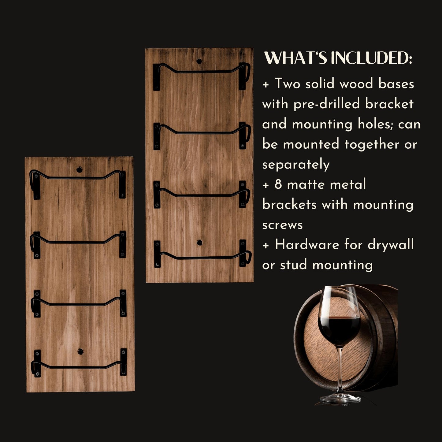 Blue River Goods Wine Rack Wall Mounted | Wooden Wall Wine Rack with 8 Bottle Storage and Matte Black Brackets | Wine Wall Rack with Rustic Finish | Perfect for Small Spaces