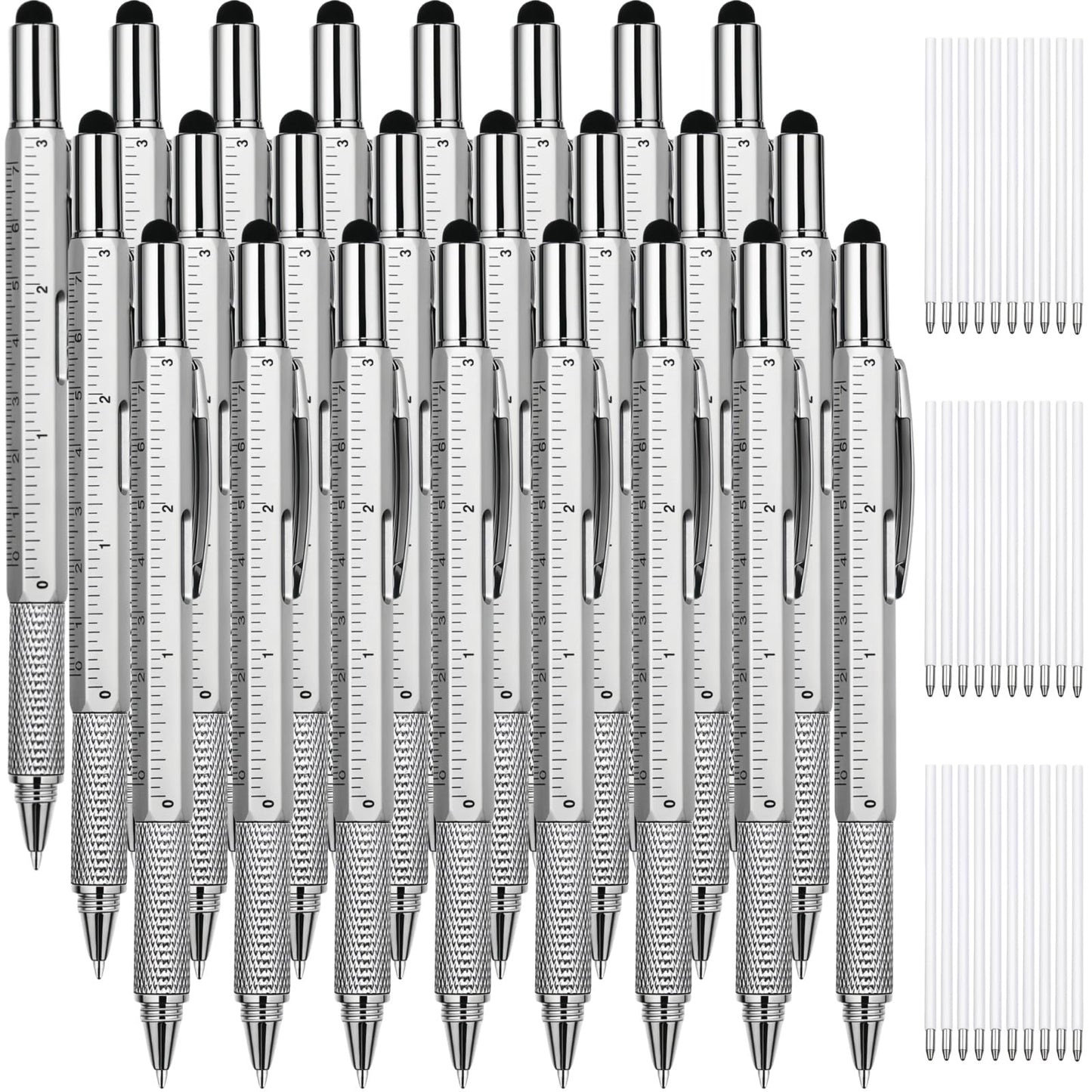 Limxia 24 Pcs 6 in 1 Multitool Pen, Gifts for Men Fathers Day, Christmas Gifts for Men and 24 Pcs Blue Replacement Refills, Silver
