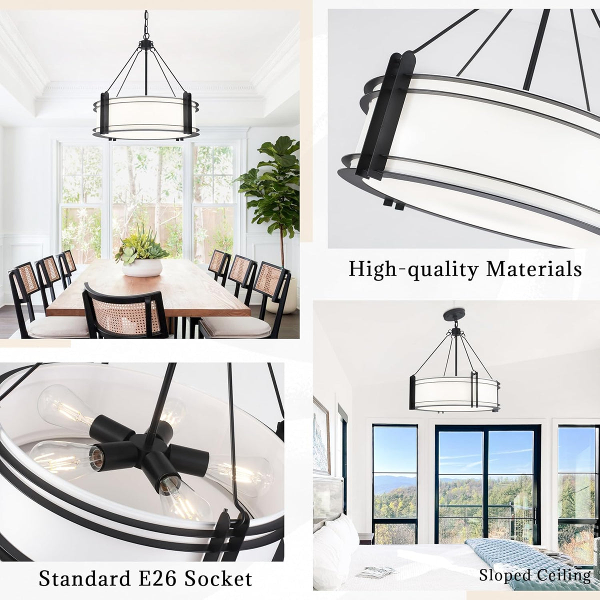 20.4''Drum Chandelier,5-Light Fabric Modern Chandeliers,Black Farmhouse Round Pendant Light Fixture for Dining Room Kitchen Island Living Room Bedroom Hallway