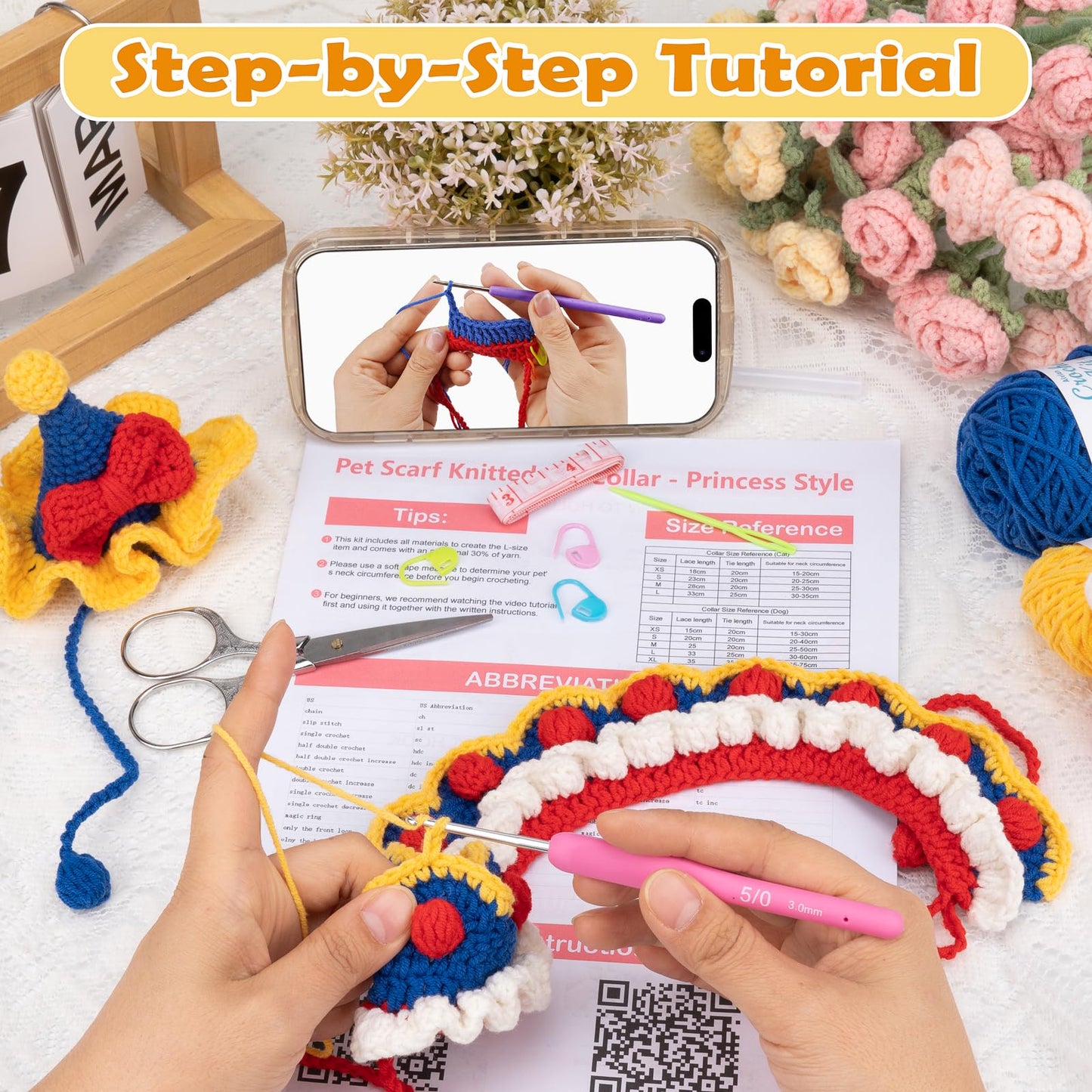 Alvian Crochet Kit for Beginners Adults Cat Collar Kit Crochet Starter Kit Adjustable Knitted Crochet Pet Scarf Hat Set with Video Tutorial Handmade Crochet Pet Gift