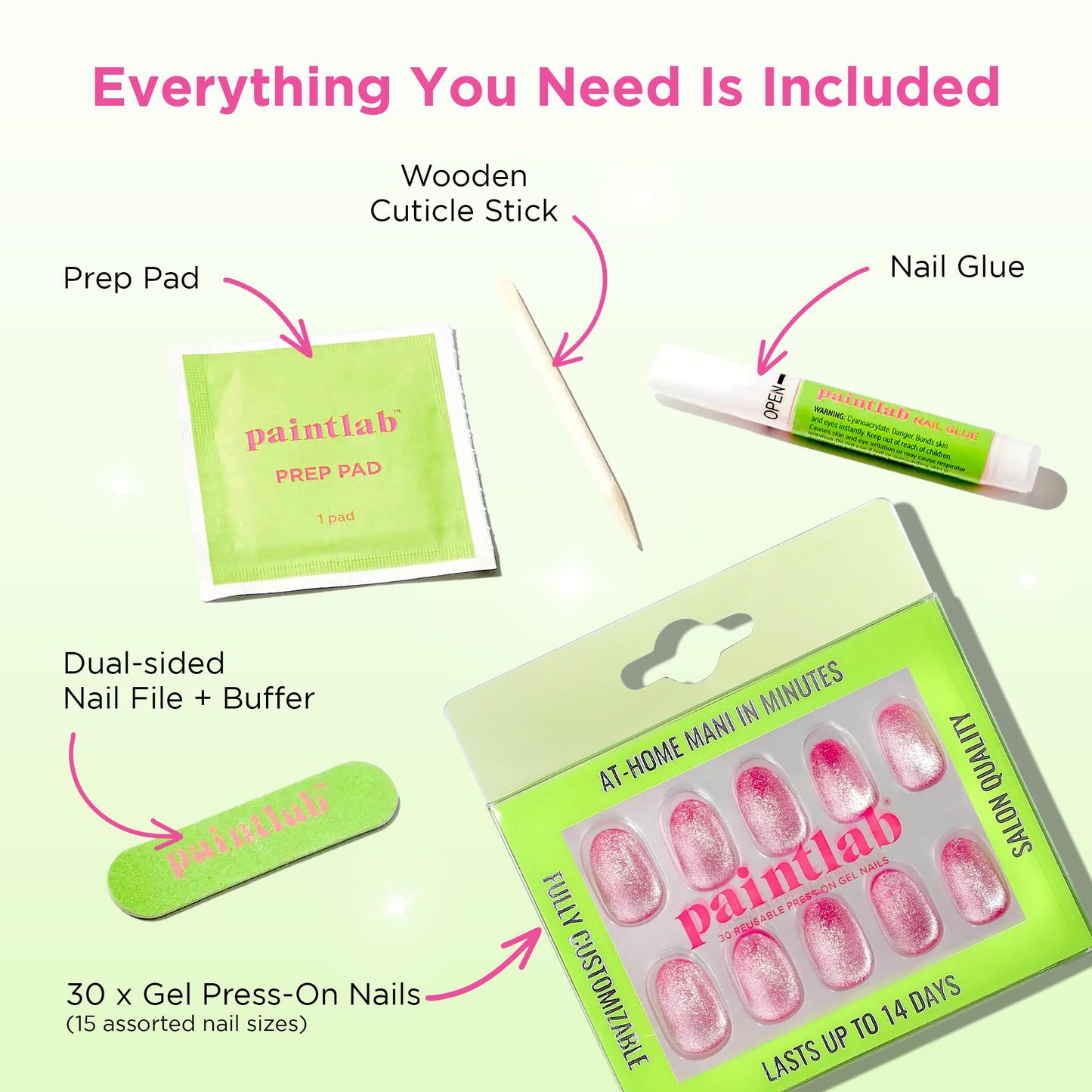 PaintLab Press-On Nails Manicure Kit, Pink Boom Cat Eye, 30-Piece Set, Long-Lasting Fake Nails with Glue, File, Prep Pad & Cuticle Stick