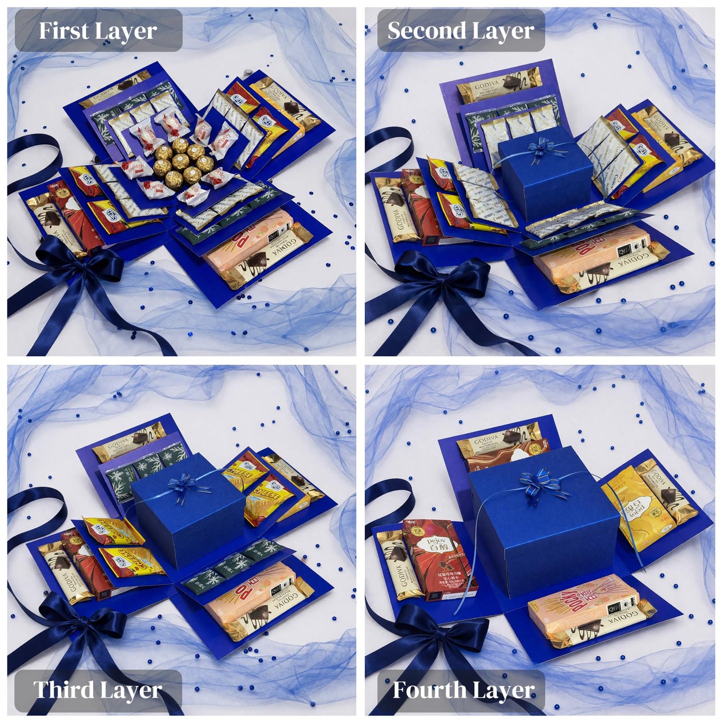 4-Layer Explosion Gift Box, 10''x10''x7'' Blue Glittery Creative Gift Boxes for Presents, DIY Surprise Gift Box Explosion for Birthday Valentine's Day Mother's Day and Anniversaries (Dark Blue)