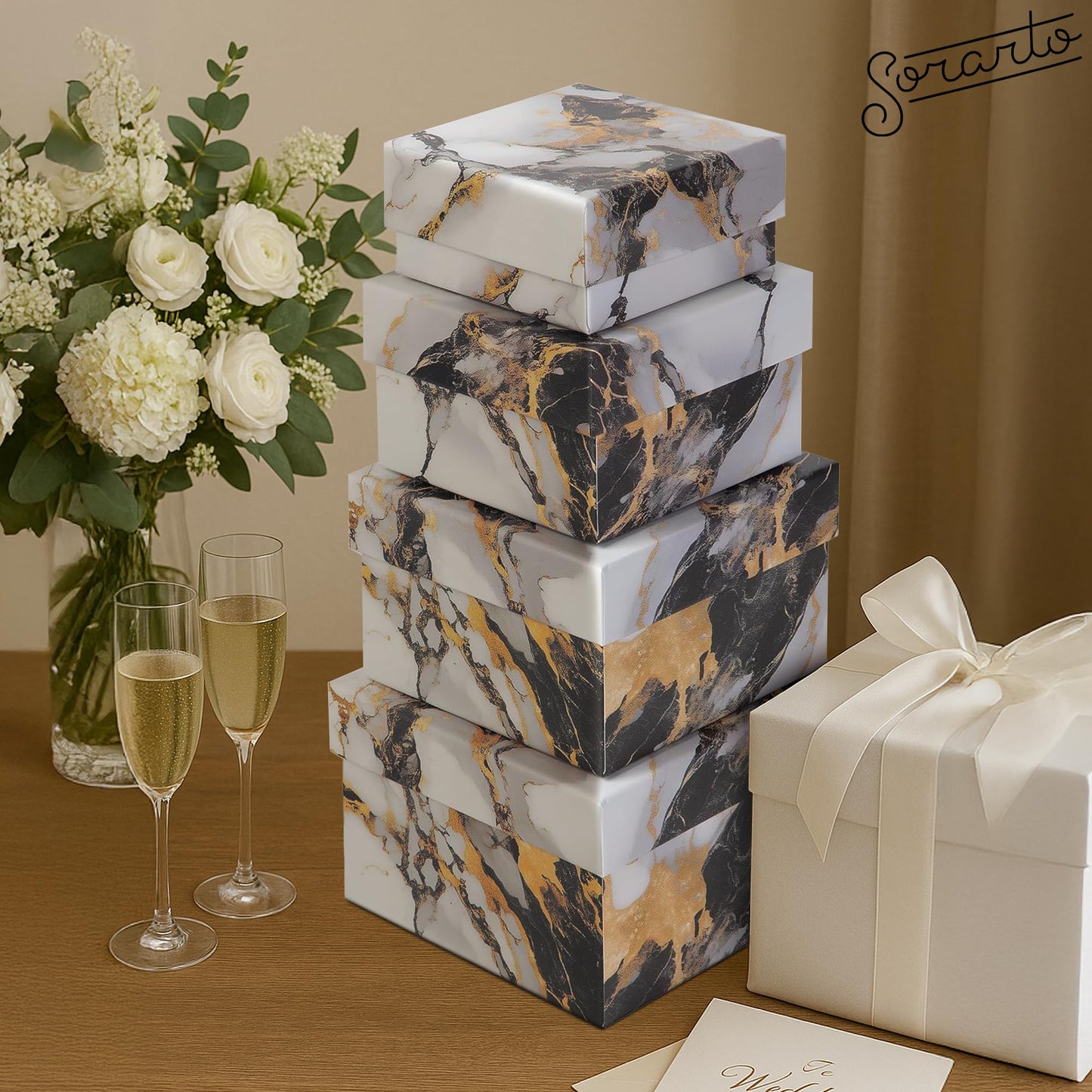Sorarto Square Gift Boxes with Lids 4pc Set | Gold Marble Nesting Gift Boxes for Presents Birthday Wedding Bridesmaid Christmas