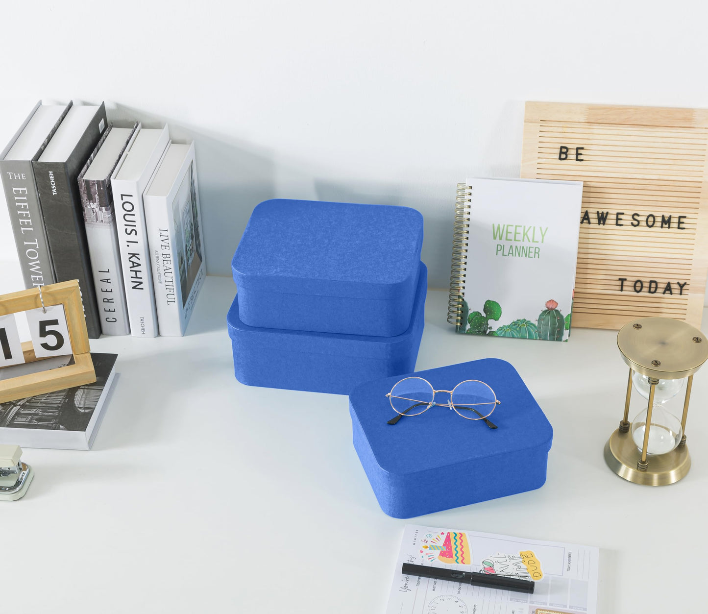 Soul & Lane Set of 3 Textured Royal Blue Boxes with Rounded Edges, Nesting Decorative Cardboard Boxes with Lids, Large Paperboard Storage for Organizing, Keepsakes, Gifts