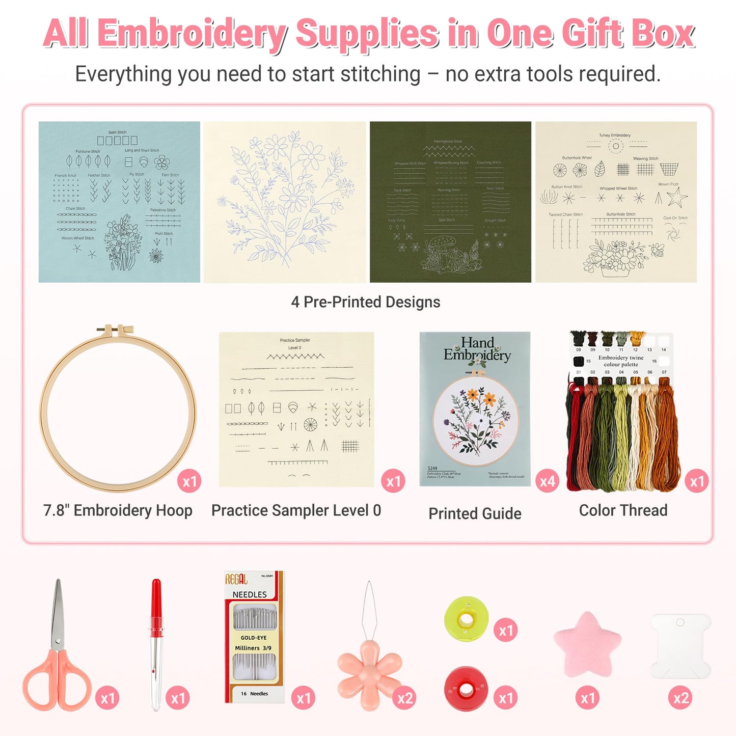ZenHues Embroidery Kit for Beginners Adults with Level 0 Practice Sampler, 5 Pre-Printed Patterns & Video Tutorials with 7.8" Hoop, Learn 30+ Stitches, DIY Needlework Craft Gift for Women