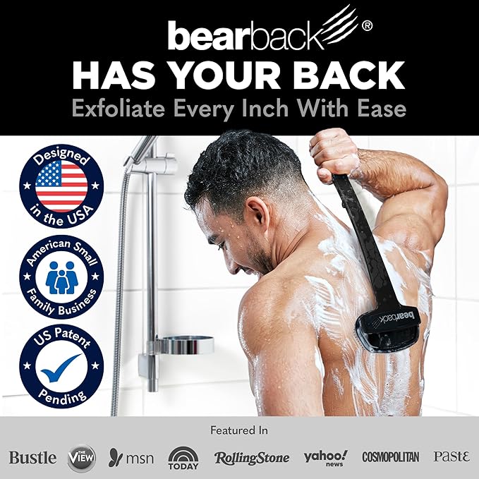 Bearback Silicone Body Scrubber with Extendable Folding Handle and Removable Scrub Brush – Premium Back & Shower Scrubber for Adults, Men, Women, Seniors – Gentle - Hygienic
