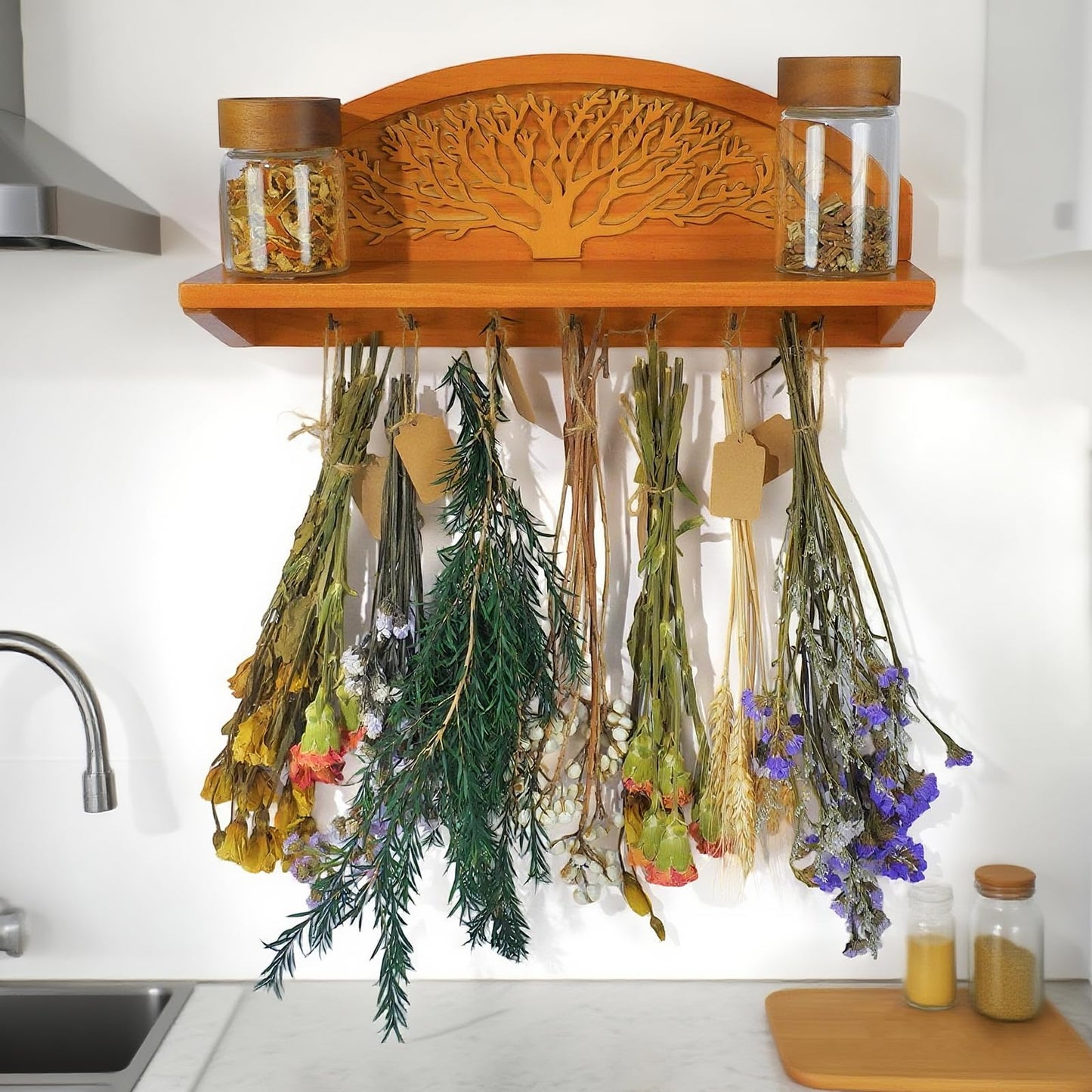 Tnstbiee Hanging Herb Drying Rack - Artistic Life Tree Design. Space-Saving Kitchen Flower Dried Grass Display,Holds 7 Bouquets. For Witches & Gardeners Gifts for Crafters, Wall Art Décor