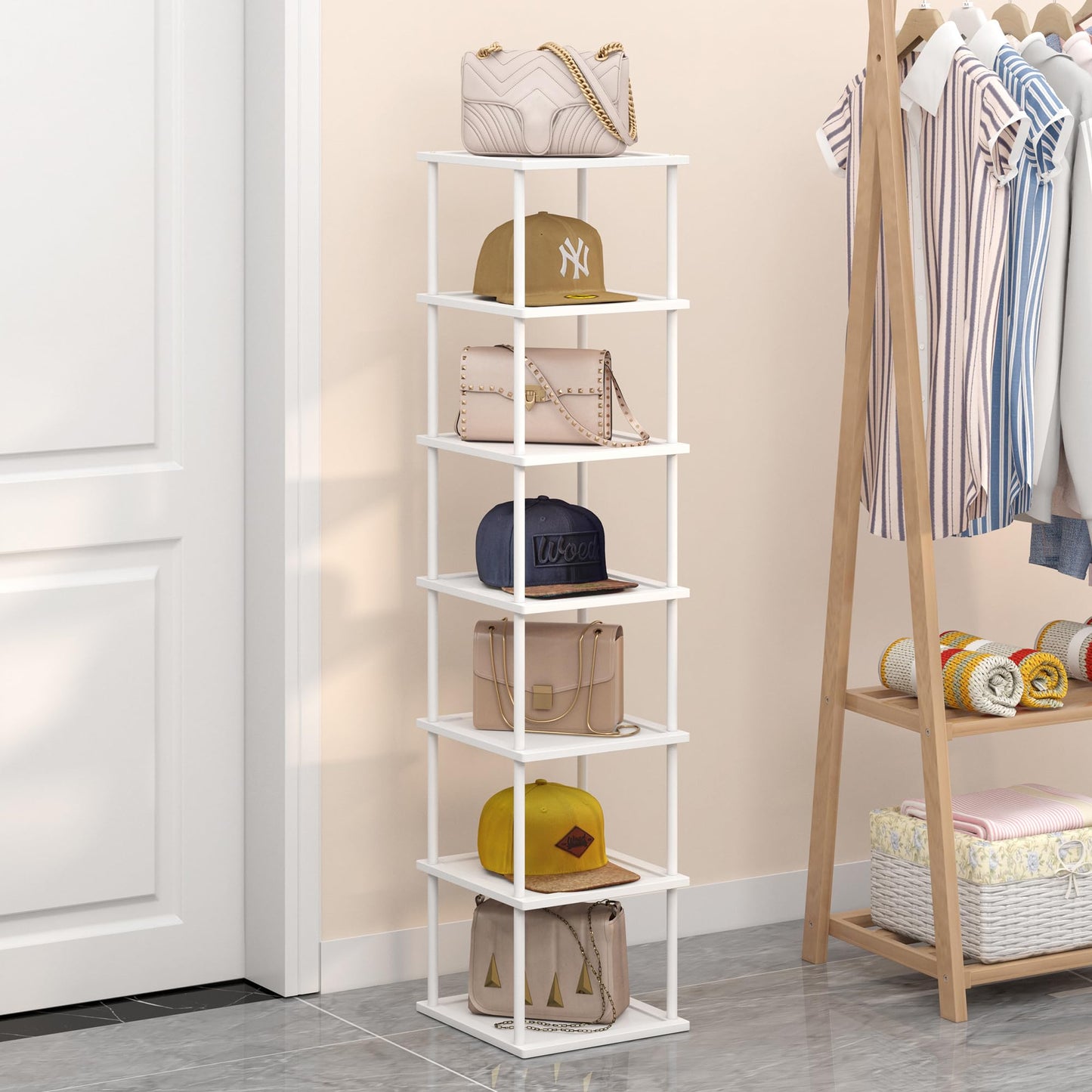 Vertical Tall Shoe Rack Organizer for Entryway -7 Tier Free Standing Slim Narrow Bamboo Wood Corner Stackable Shoe Boots Storage Stand Small Spaces for Closet Garage Cloakroom Living Room (White)