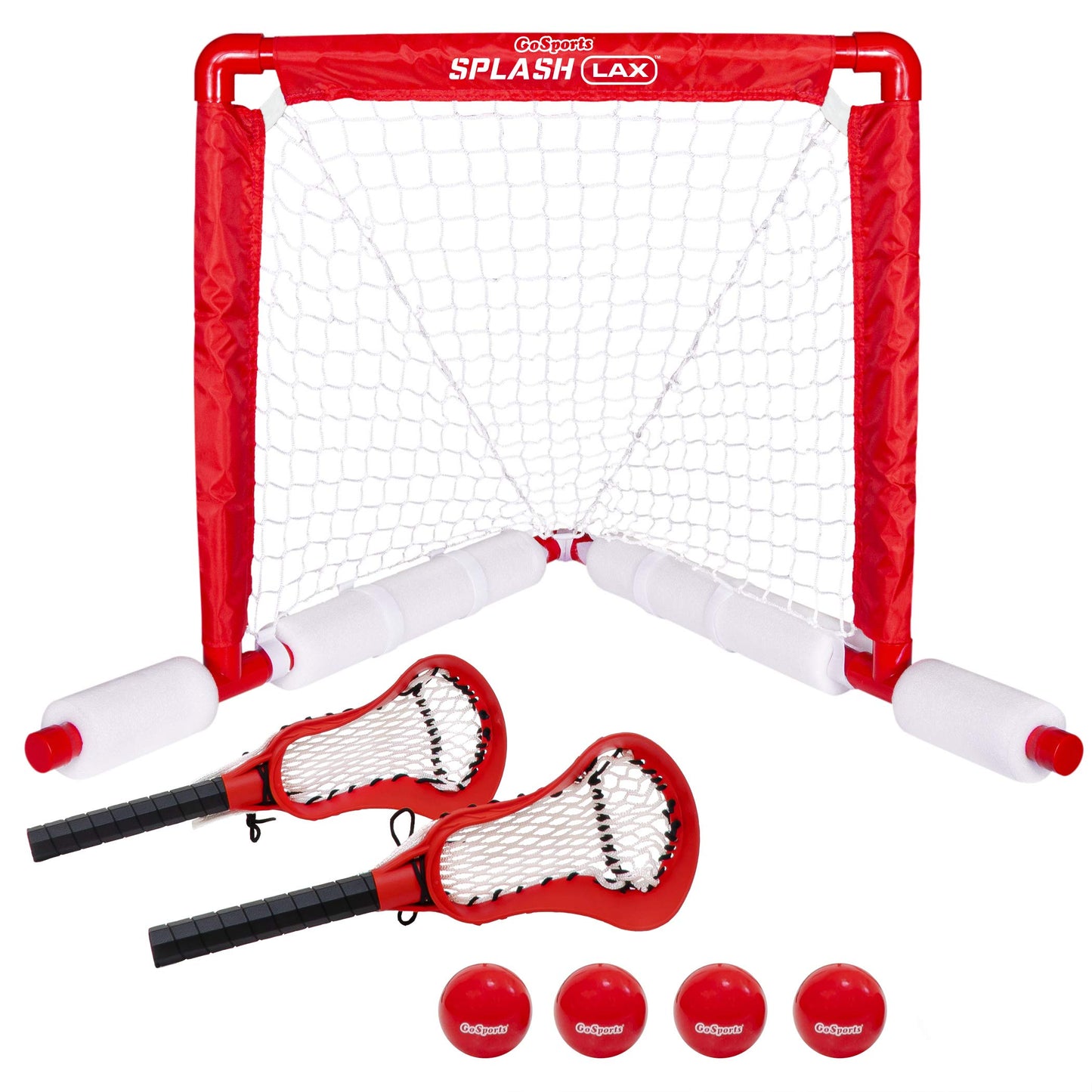 GoSports Lacrosse Floating Pool Goal Set - Includes Water Goal, 2 Sticks and 4 Soft Balls, Red