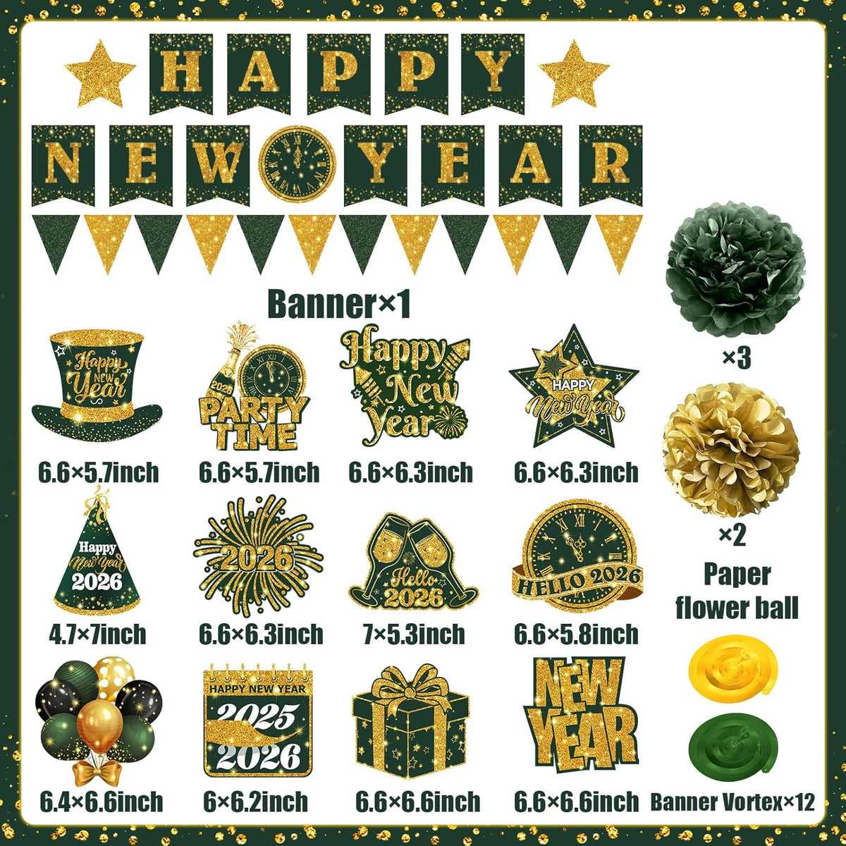 New Years Decorations Hanging Swirls,Green and Gold 2026 New Years Eve Decorations Banner Ceiling Hanging Pom Pom Garland Triangle Flag for Happy New Year Decorations