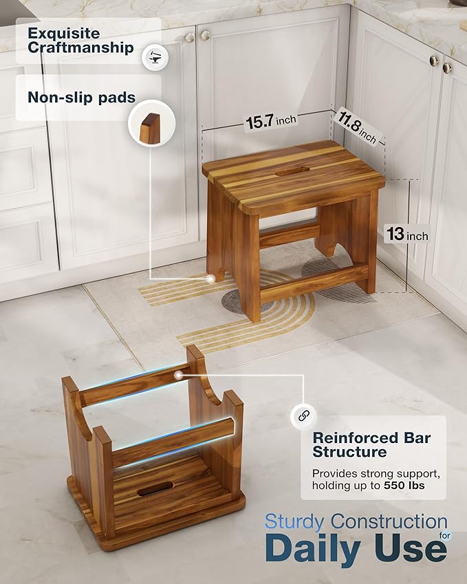 Wooden Step Stool, 13'' Heavy Duty Stepping Stool for Adults with Handle, Nonslip & Durable Design Supports up to 500lbs for Bedroom or Kitchen
