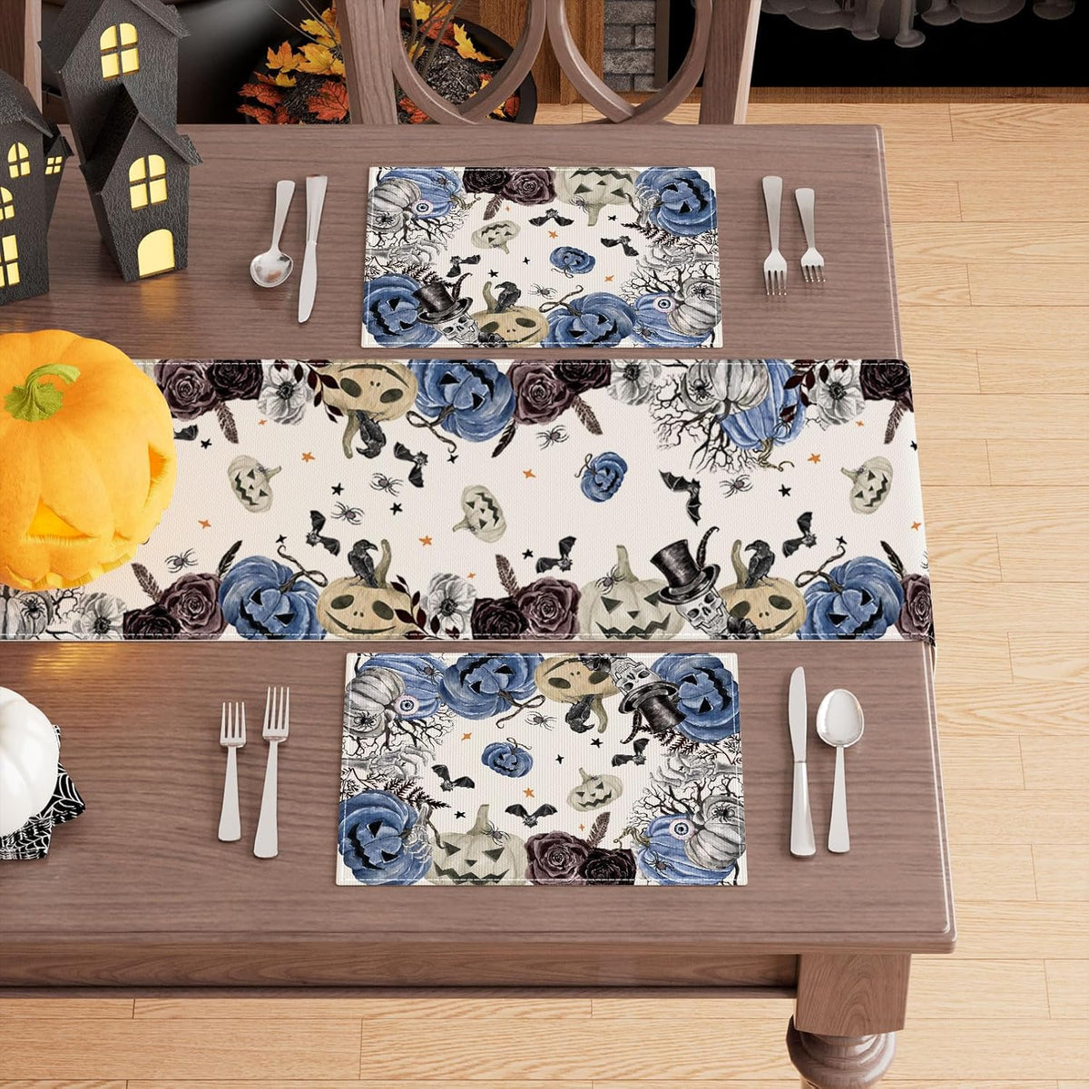 XCHI Spooky Blue Pumpkin Halloween Placemats Set of 4 Table Mats for Party Home Kitchen Dining Table Decorations 12x18 Inch