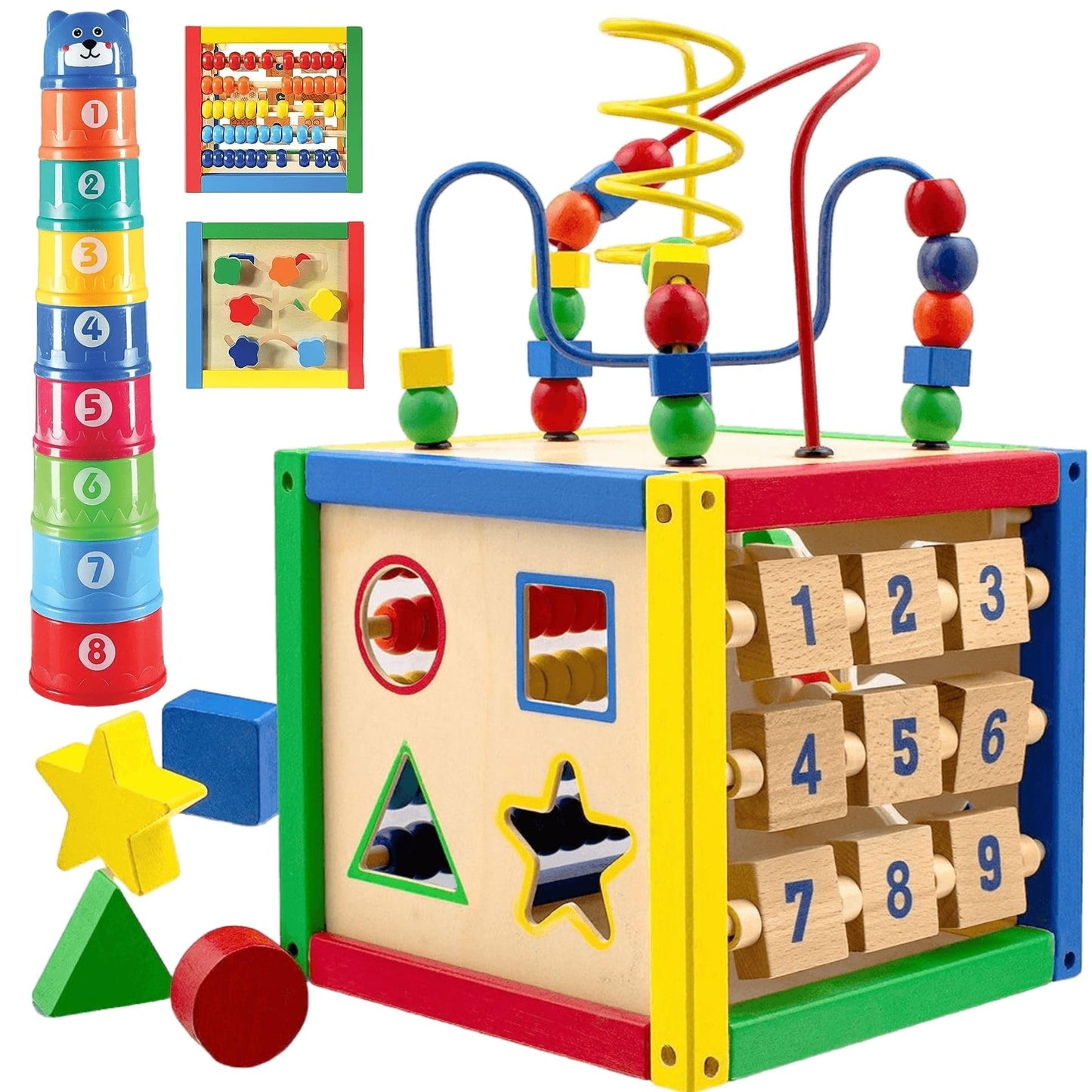 Play22 Wooden Activity Cube for Baby - 6 in-1 Baby Activity Play Cube with Bead Maze, Shape Sorter, Abacus Counting Beads, Counting Numbers, Sliding Shapes, Removable Bead Maze, 8Pcs Stacking Cups