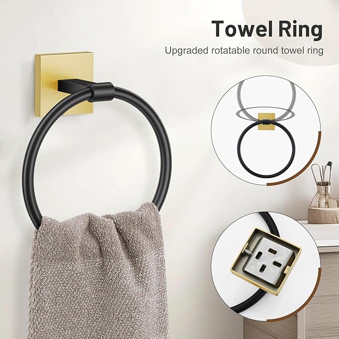 5-Piece Black Gold Bathroom Hardware Set, SUS304 Stainless Steel Bathroom Accessories Set 23.6 inches Towel Bar, Toilet Paper Holder with Shelf, Towel Ring and Two Towel Hooks Wall-Mounted