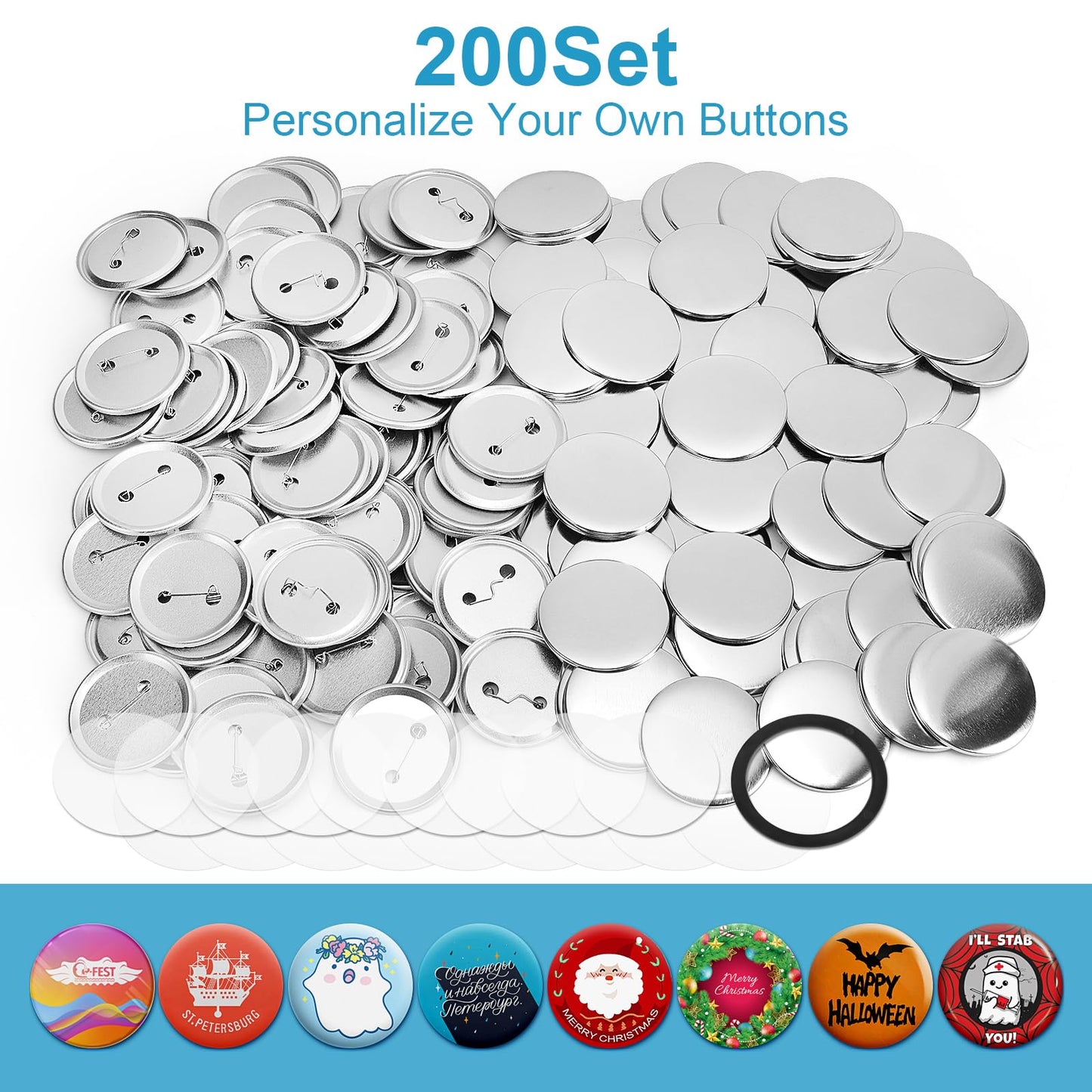 200 Sets 2.25 Inch Button Maker Supplies, 58mm Round Badge Parts with Metal Covers, Plastic Pin Backs, Clear Film & Blank Paper, Perfect for Button Maker Machine & Badge Press