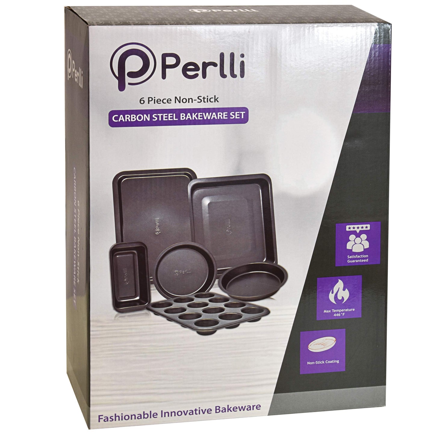PERLLI Non-Stick 6-Piece Bakeware Set – Carbon Steel with Even Heat Distribution, Oven Safe to 446°F, BPA-Free, Dishwasher Safe, Stackable Baking Tools for Easy Storage and Everyday Cooking - Gray