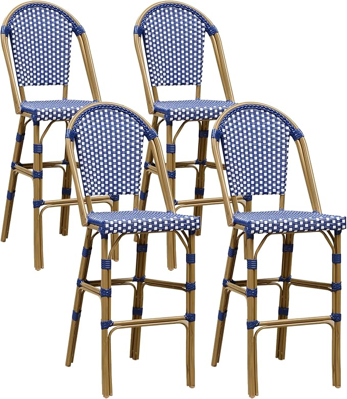 PURPLE LEAF French Bar Stool Set of 4 Bamboo Print Finish Patio Bar Stools with Back Rattan Bar Chairs Wicker Bar Height Stool 30" with Footrest Kitchen Island Stools Outdoor Barstool Royal Blue