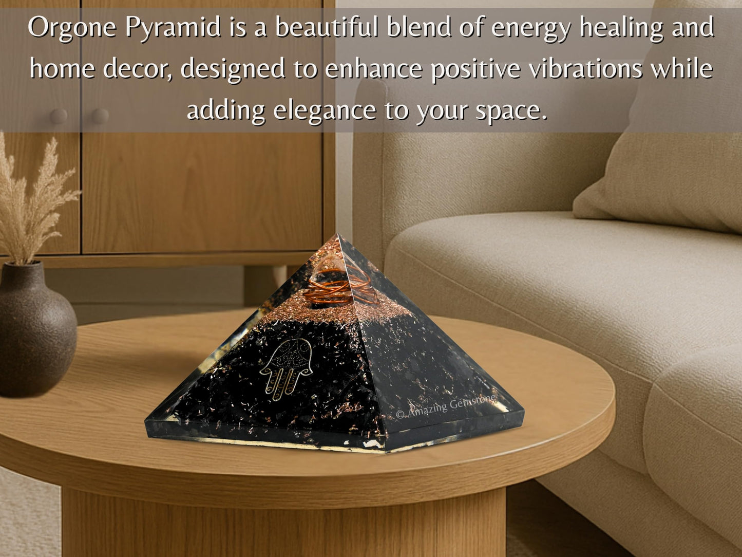 Amazing Gemstone Large Black Tourmaline Orgone Pyramid Crystal, Hamsa Hand Evil Eye Orgonite Pyramid - Positive Energy Healing