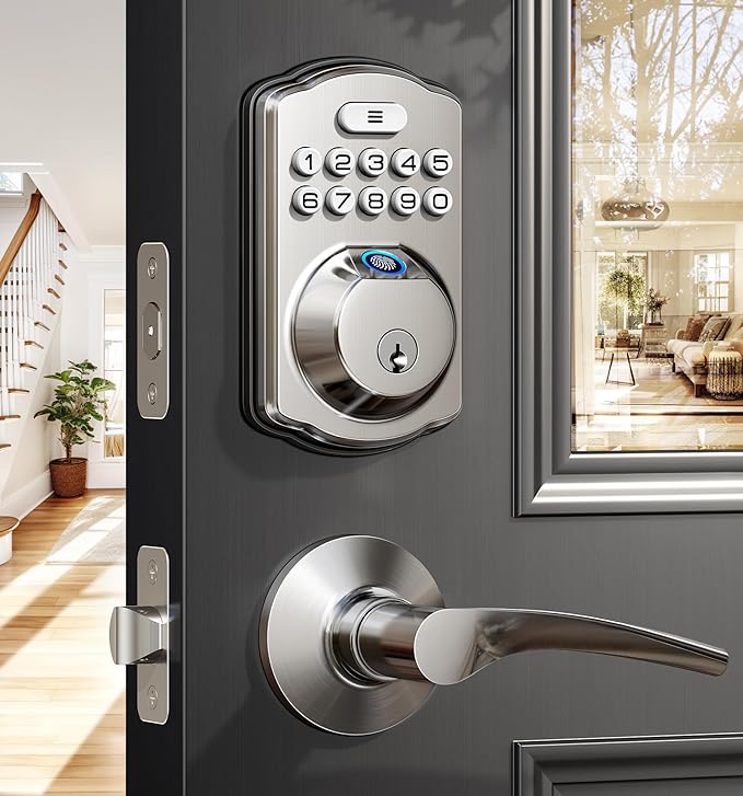 Veise Fingerprint Door Lock with 2 Lever Handles - Keyless Entry Door Lock, Electronic Keypad Deadbolt, Digital Smart Code & Front Handle Sets, Auto-Locking, Easy Installation, Satin Nickel