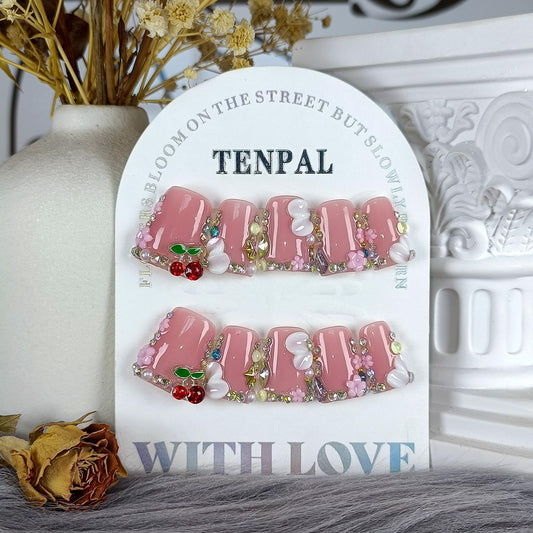 TENPAL Duckbill Shape Press on Nails with Kit,3D Floral Carving Cherry Blush Pink Fake Nails with Tools,Sparkling Icy French Tips False Nails with Rhinestone,Sweet Glazed Artificial Duckbill Nails(S)