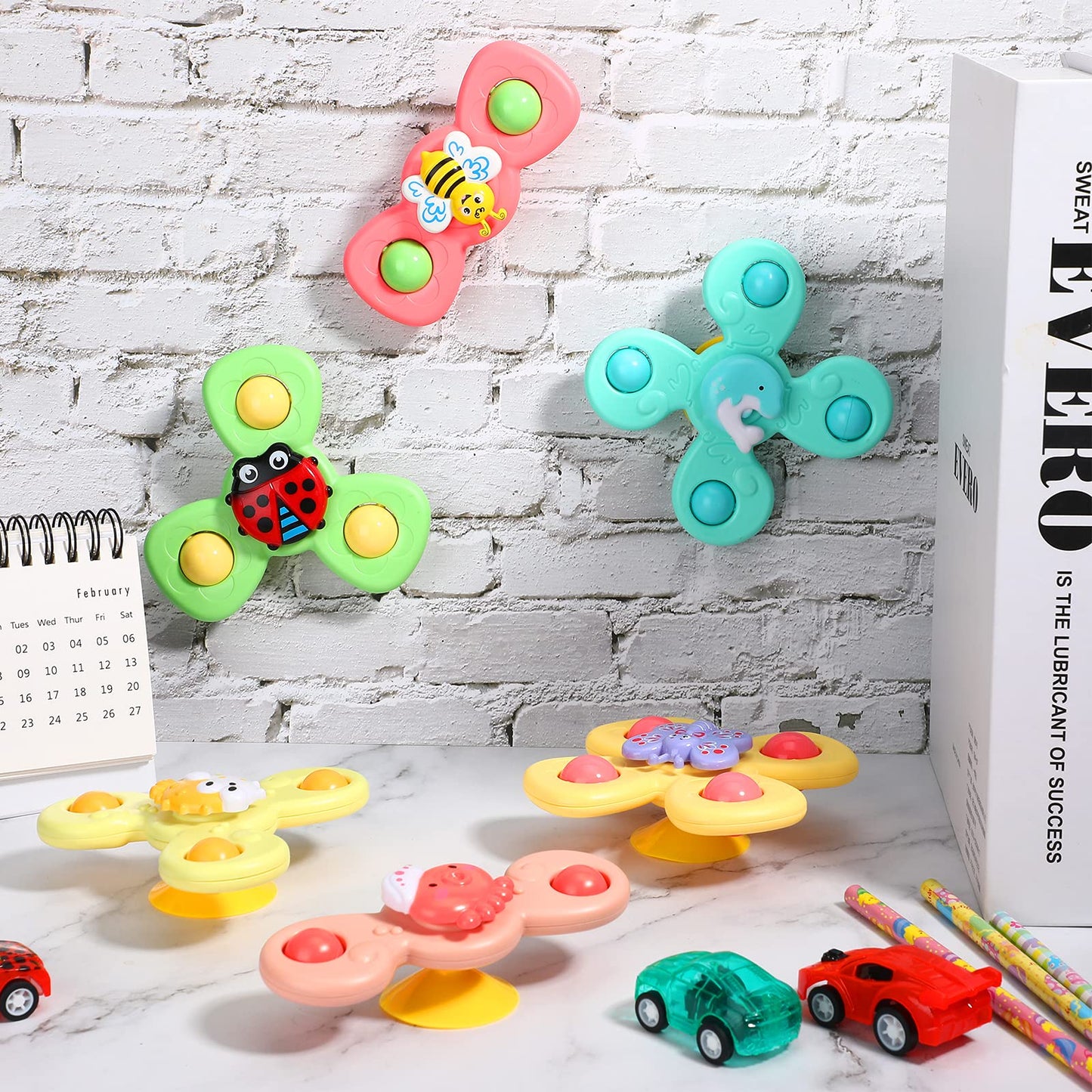 Harrycle 6 Pieces Suction Cup Spinner Toy Sea Theme Sensory Bath Spinner Toys Bear Butterfly Suction Cups for Birthday Learning Game and Party Supplies