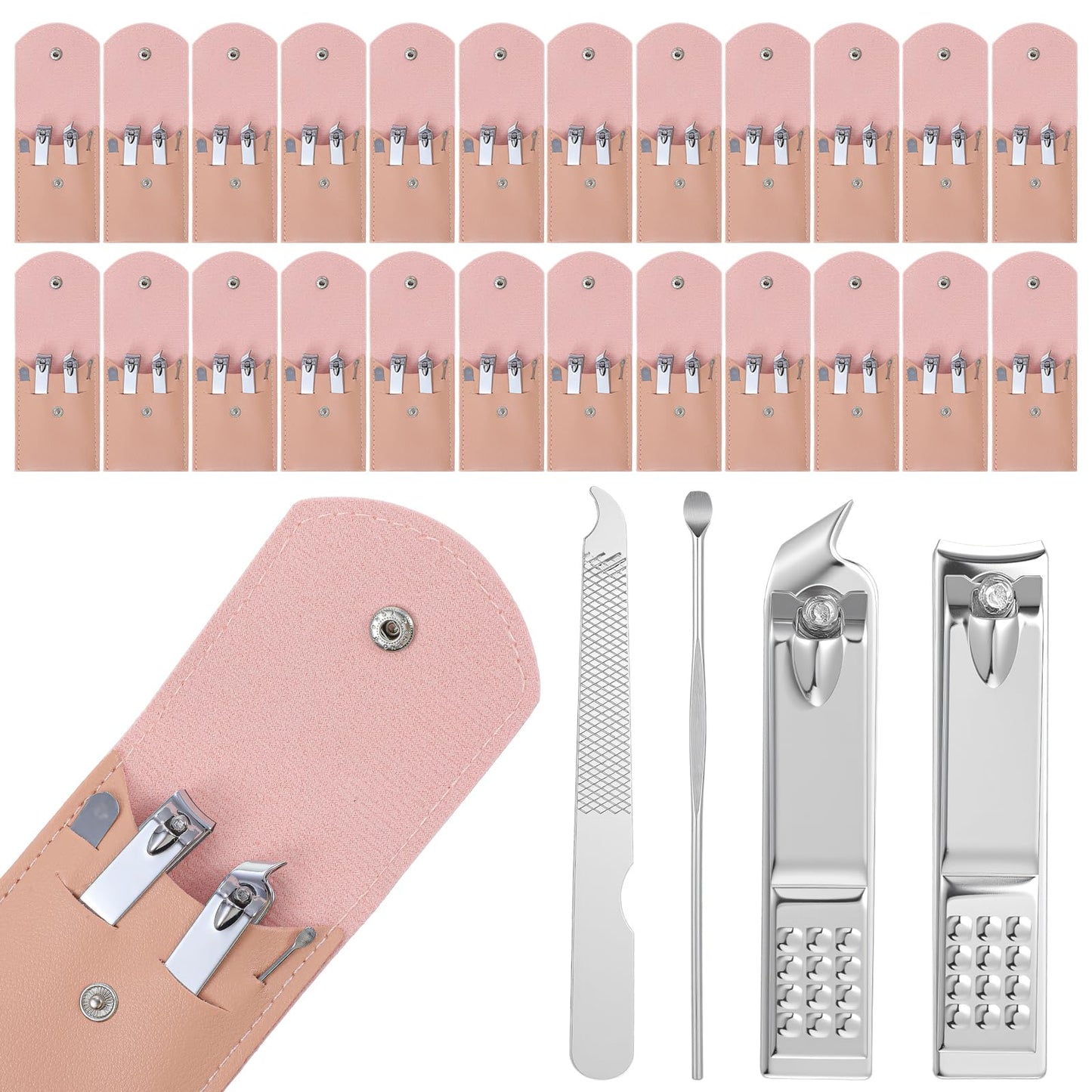 24 Sets Manicure Set Bulk, Pink Nail Clippers Kit Stainless Steel Fingernail Clippers Set, Sturdy Nail Tip Cutter Trimmers Professional Grooming Toenail Clipper Personal Pedicure Kits Gift (4 in 1)