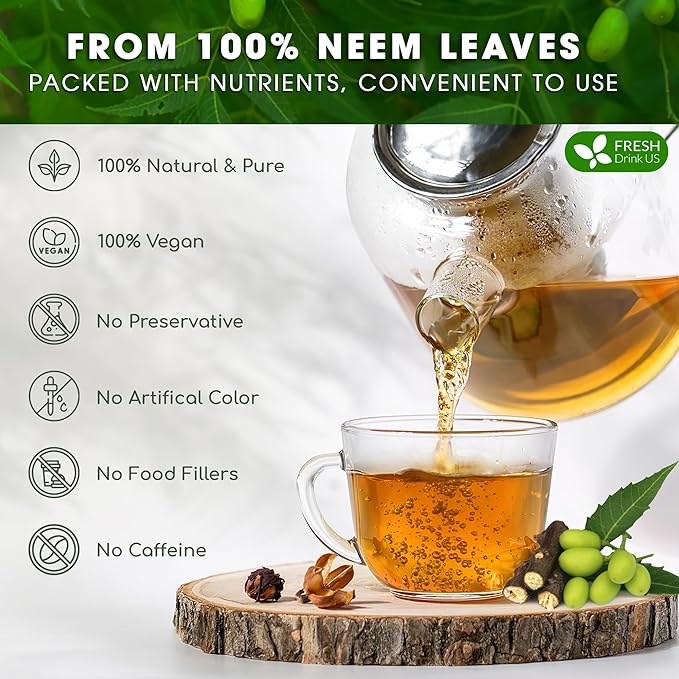 FreshDrinkUS, Premium 33 Neem Leaf Tea Bags, 100% Natural and Pure from Neem Leaves. Herbal Tea. No Sugar, No Caffeine, No Gluten, Vegan.